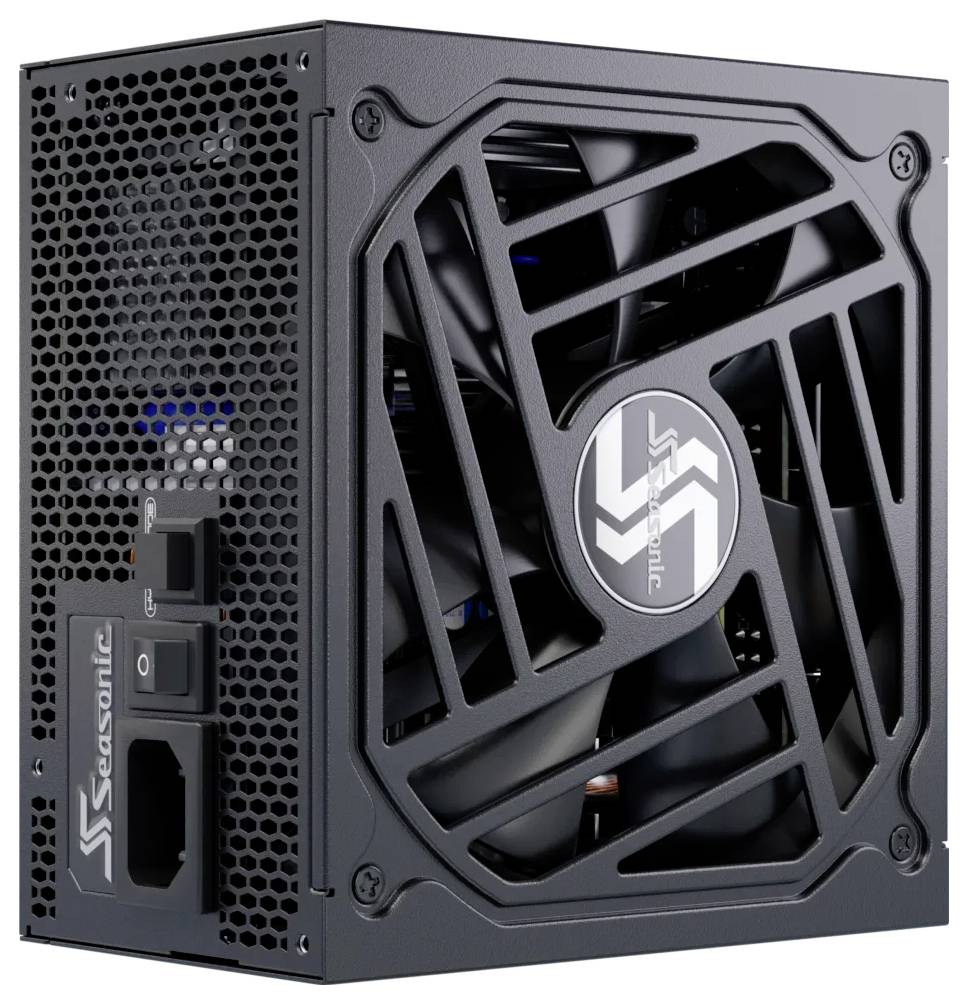 Seasonic Netzteil mit Lüfter und Netzschalter. Graues Gehäuse, geeignet für Computer, bietet Stromversorgung und Kühlung.