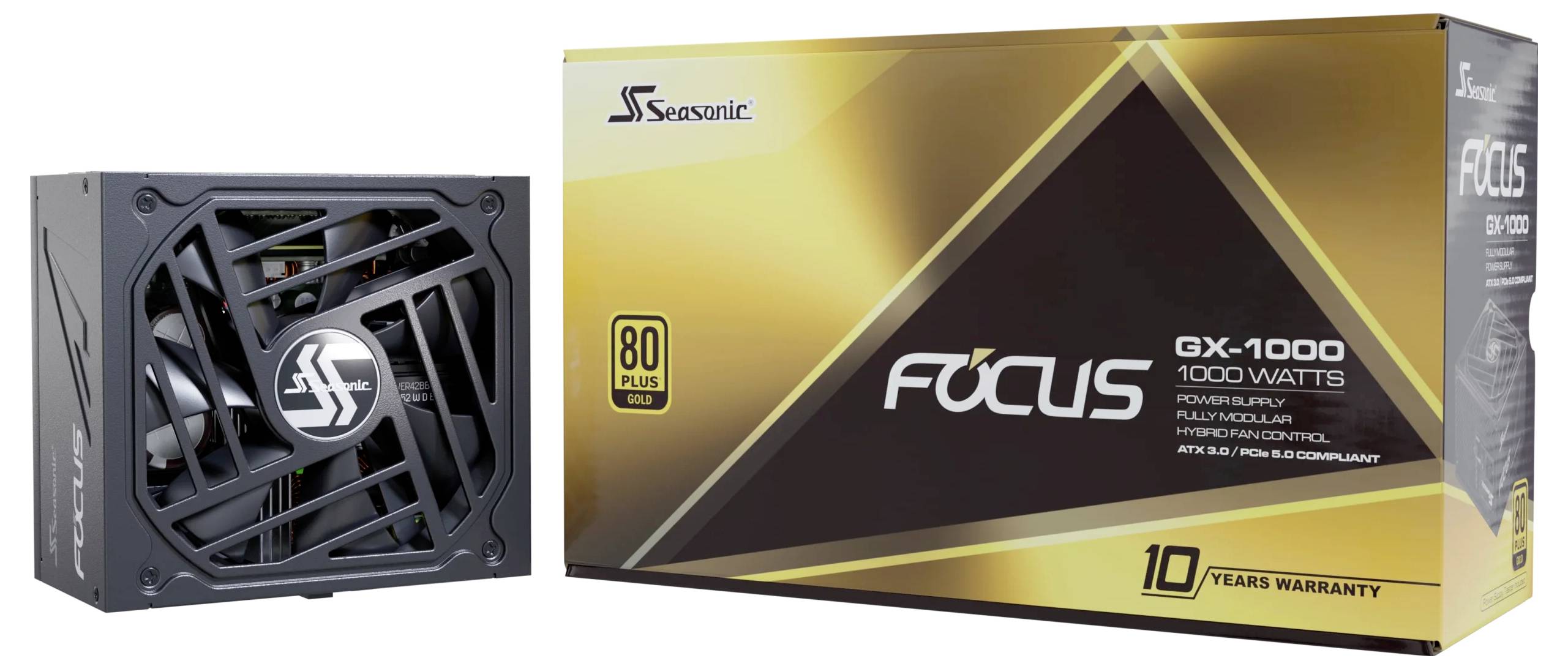 Netzteil Seasonic GX-1000, 1000 Watt, 80 PLUS Gold, zeigt das Gerät und die Verpackung. 10 Jahre Garantie.