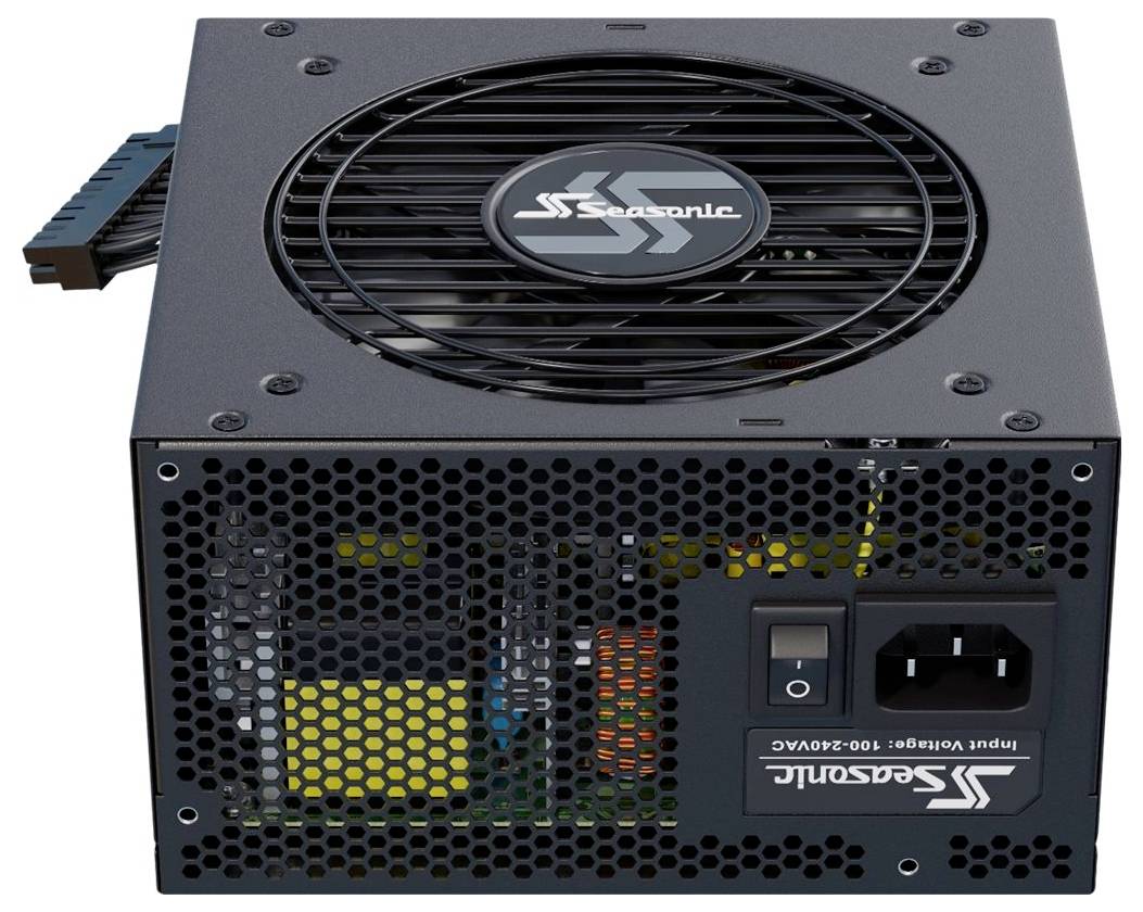 Computernetzteil mit Lüfter und mehreren Anschlüssen, Markenlogo sichtbar.