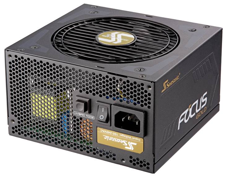 Schwarzes Seasonic FOCUS Gold PC-Netzteil mit Lüfter und Anschlussbuchsen für Stromkabel, geeignet für Computergehäuse.