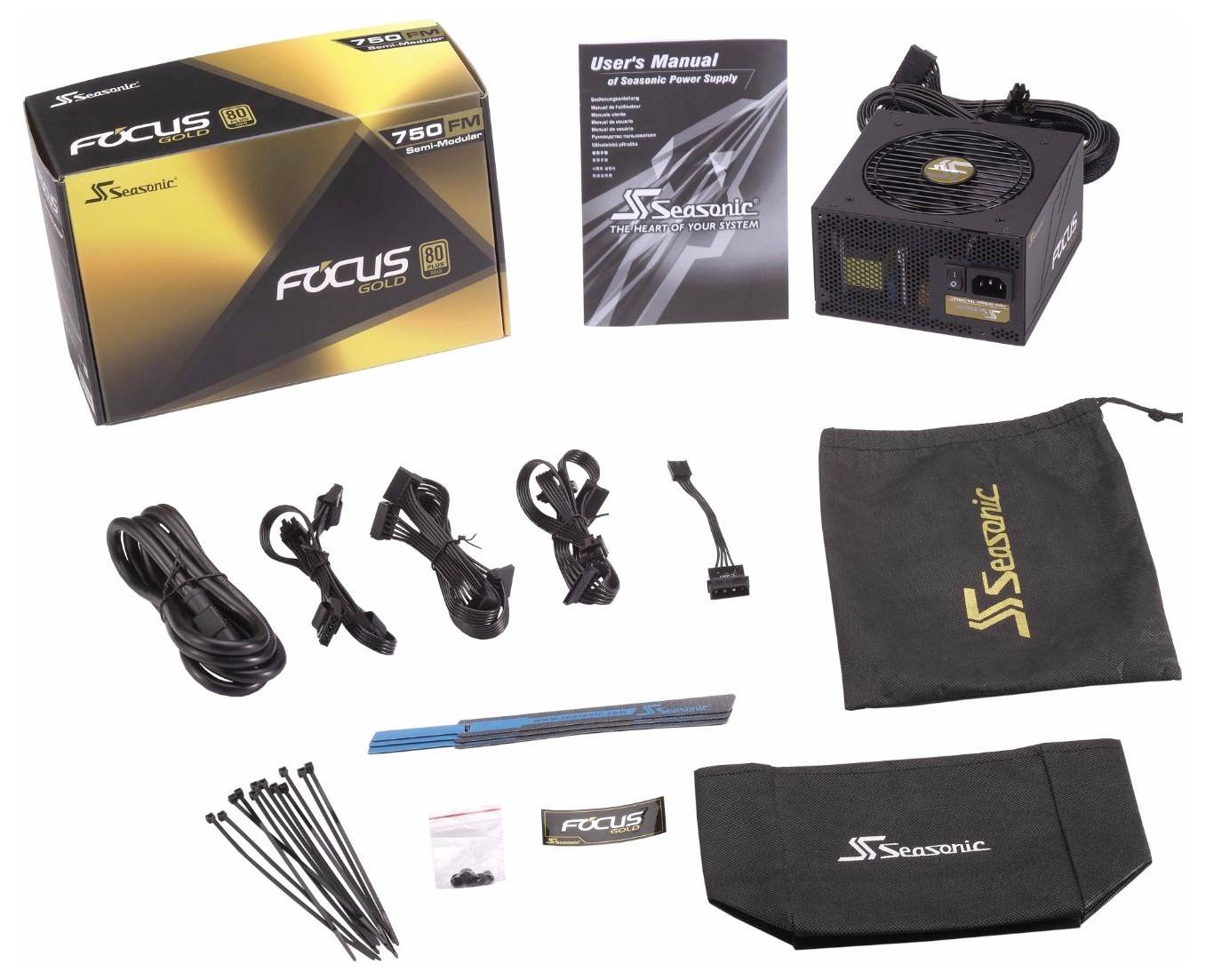 'Seasonic Focus 750W' Netzteil-Set mit Kabeln, Bedienungsanleitung, Kabelbindern und Tasche. Ideal für PC-Kompatibilität und effiziente Stromversorgung.