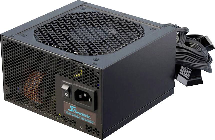 Ein Computer-Netzteil mit Lüfter und mehreren Anschlüssen, Marke 'Seasonic'.