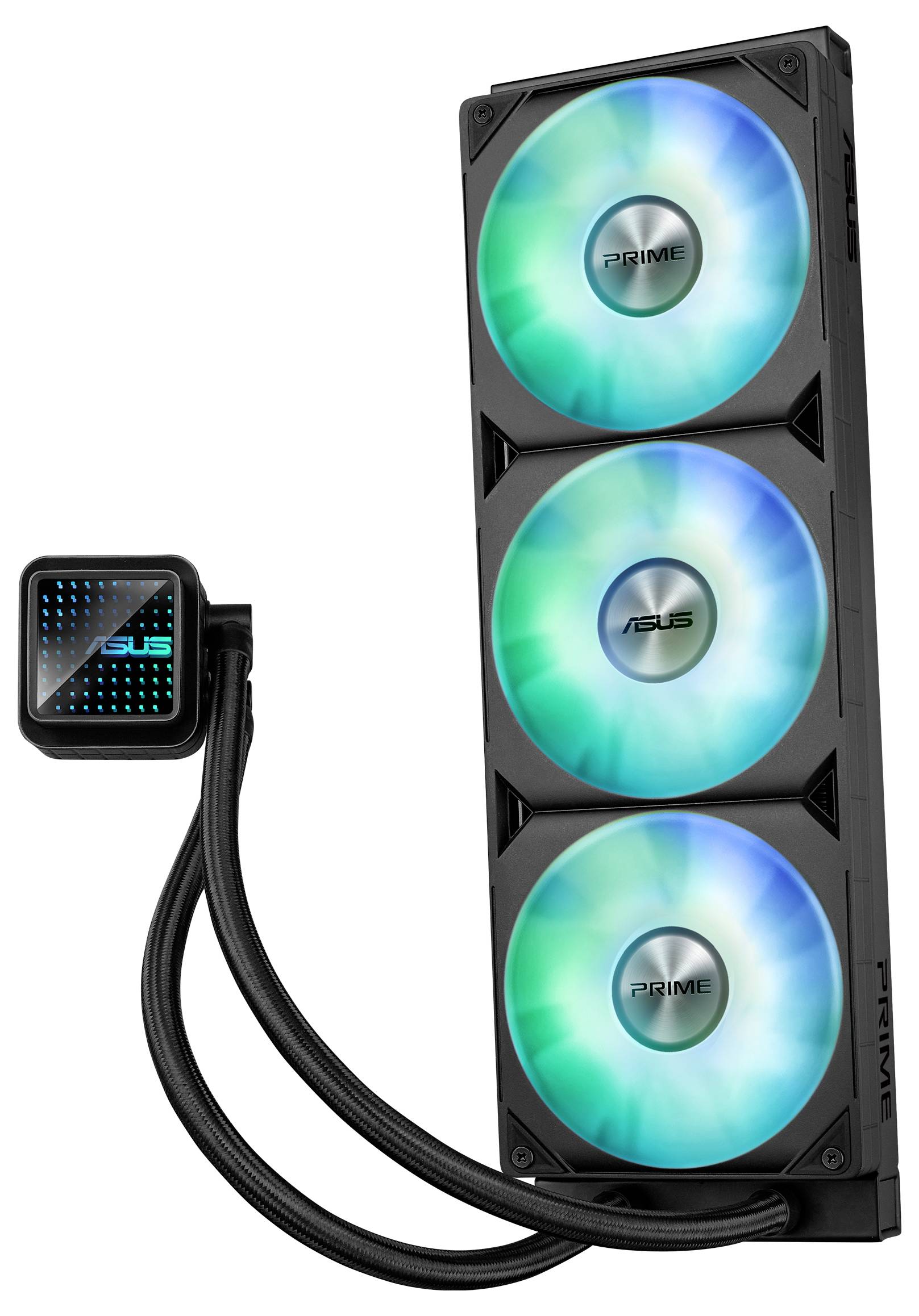 Eine Computer-Flüssigkeitskühlungseinheit mit drei beleuchteten Lüftern und einem quadratischen Pumpenblock.