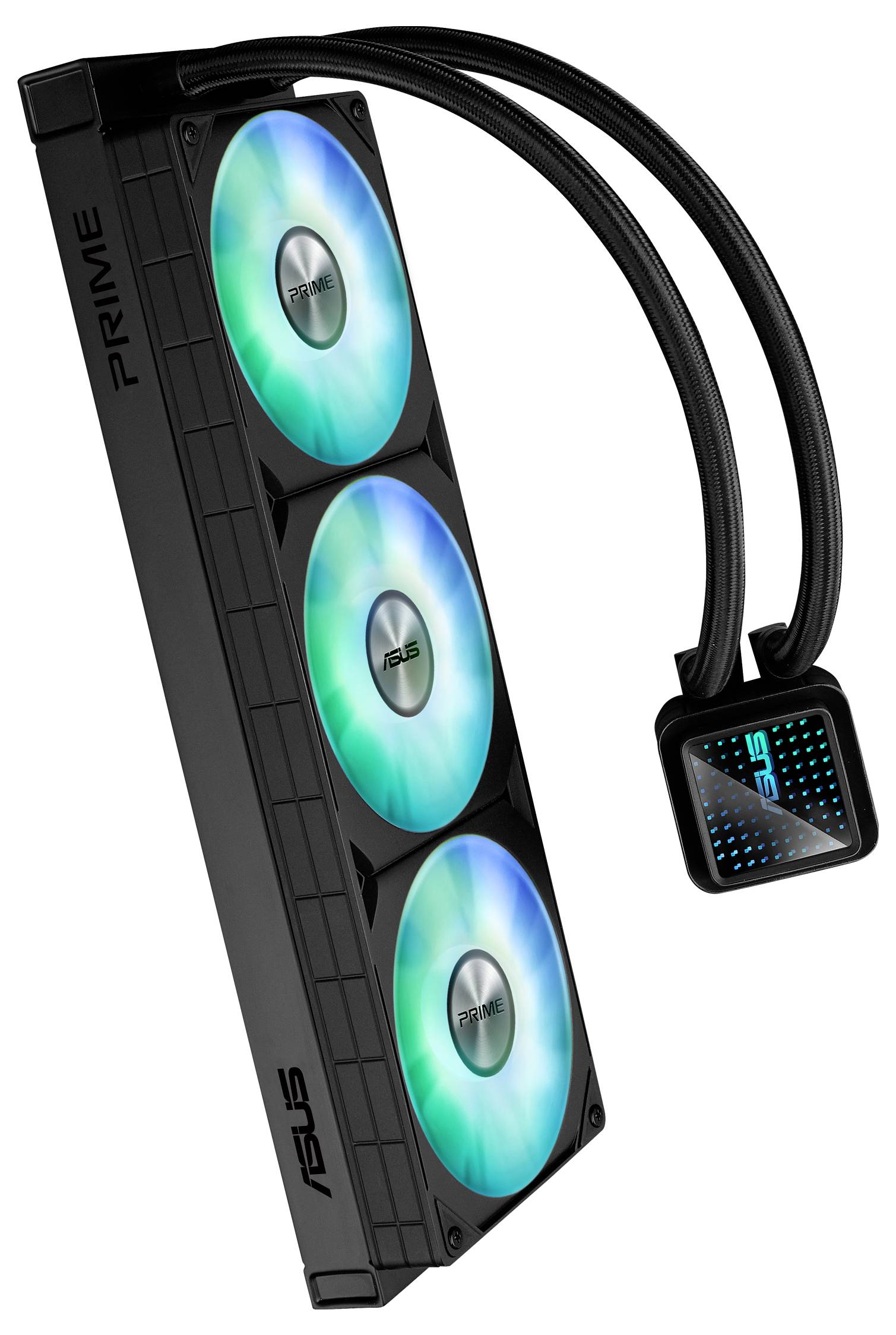 Kühlkörper mit drei beleuchteten Lüftern und einer Pumpe, Marke 'ASUS Prime', für PC-Kühlung.
