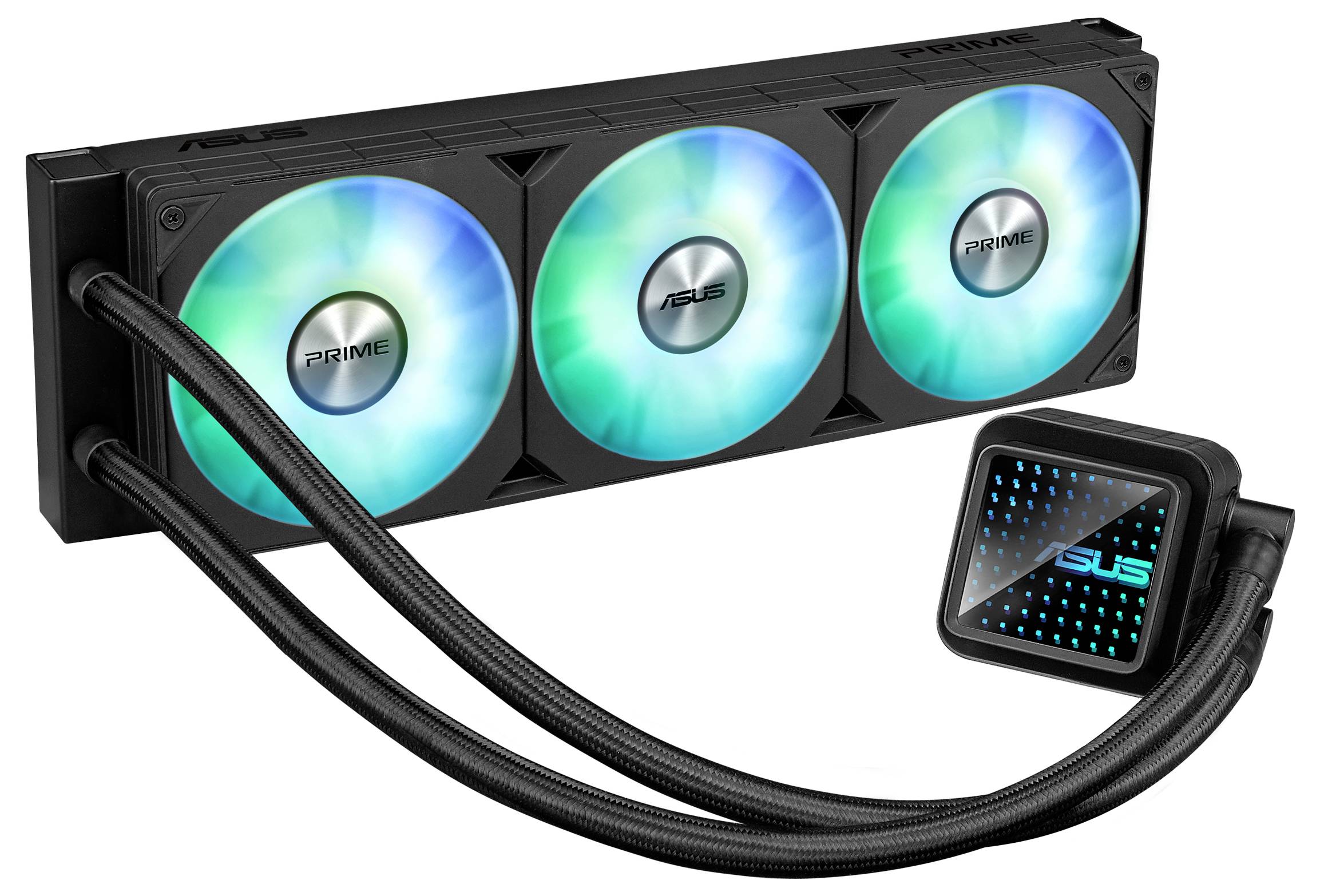 Flüssigkeitskühler mit drei beleuchteten Lüftern und einem Pumpenblock mit Logo. Geeignet zur Kühlung von Computerprozessoren.