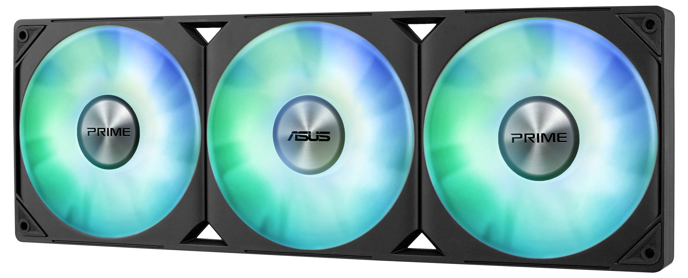 Drei beleuchtete Computerkühlventilatoren in Blau und Grün, mit 'ASUS' und 'PRIME' Aufschrift, montiert auf einer schwarzen Halterung.