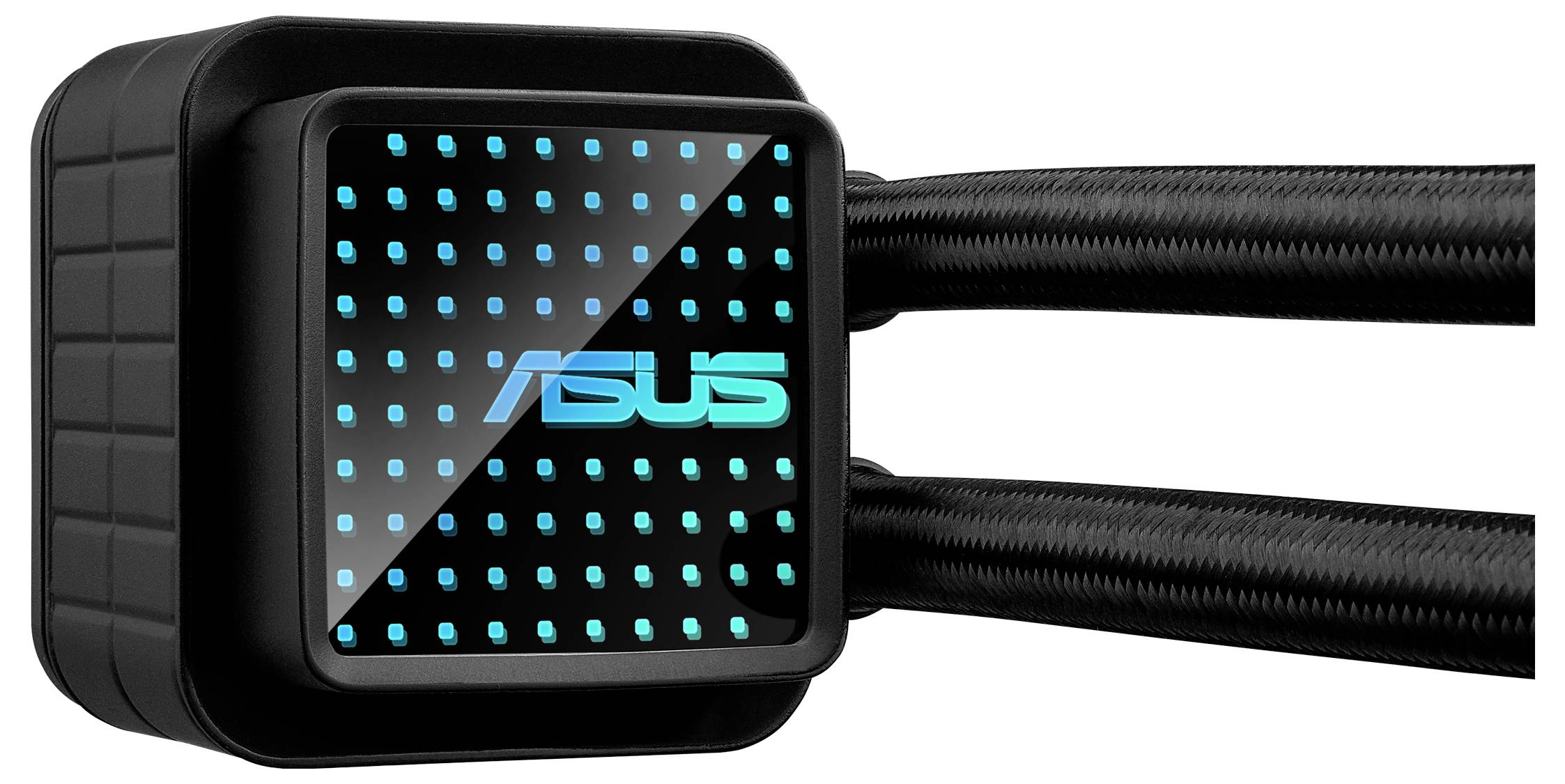 'ASUS' Logo auf einer schwarzen quadratischen Kühlkomponente mit blauen Leuchtpunkten und zwei angeschlossenen Schläuchen.