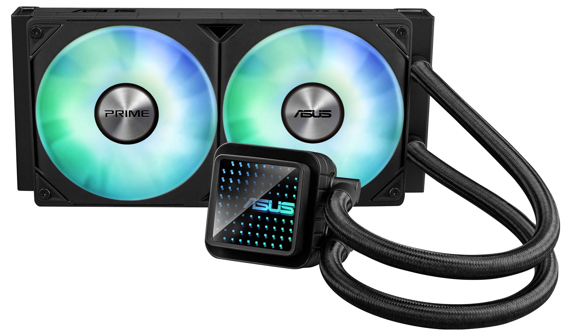 Wasserkühlungssystem von ASUS mit zwei leuchtenden Lüftern, schwarzem Gehäuse und Schläuchen, geeignet für PC-Hardware.