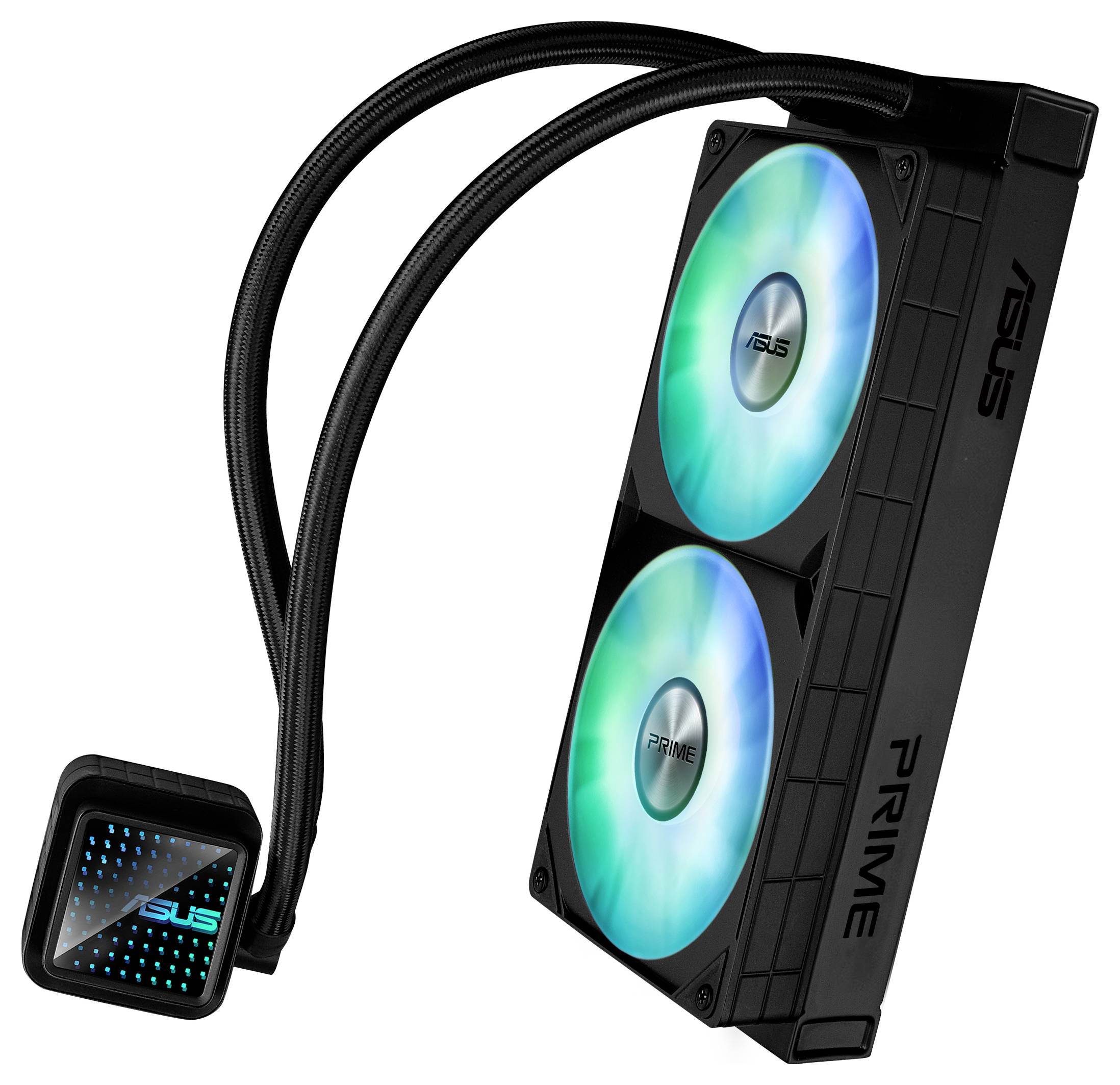 Kühlvorrichtung mit zwei leuchtenden Lüftern und markierten Schläuchen. Geeignet für Computer, Marke 'ASUS', Modell 'PRIME'.
