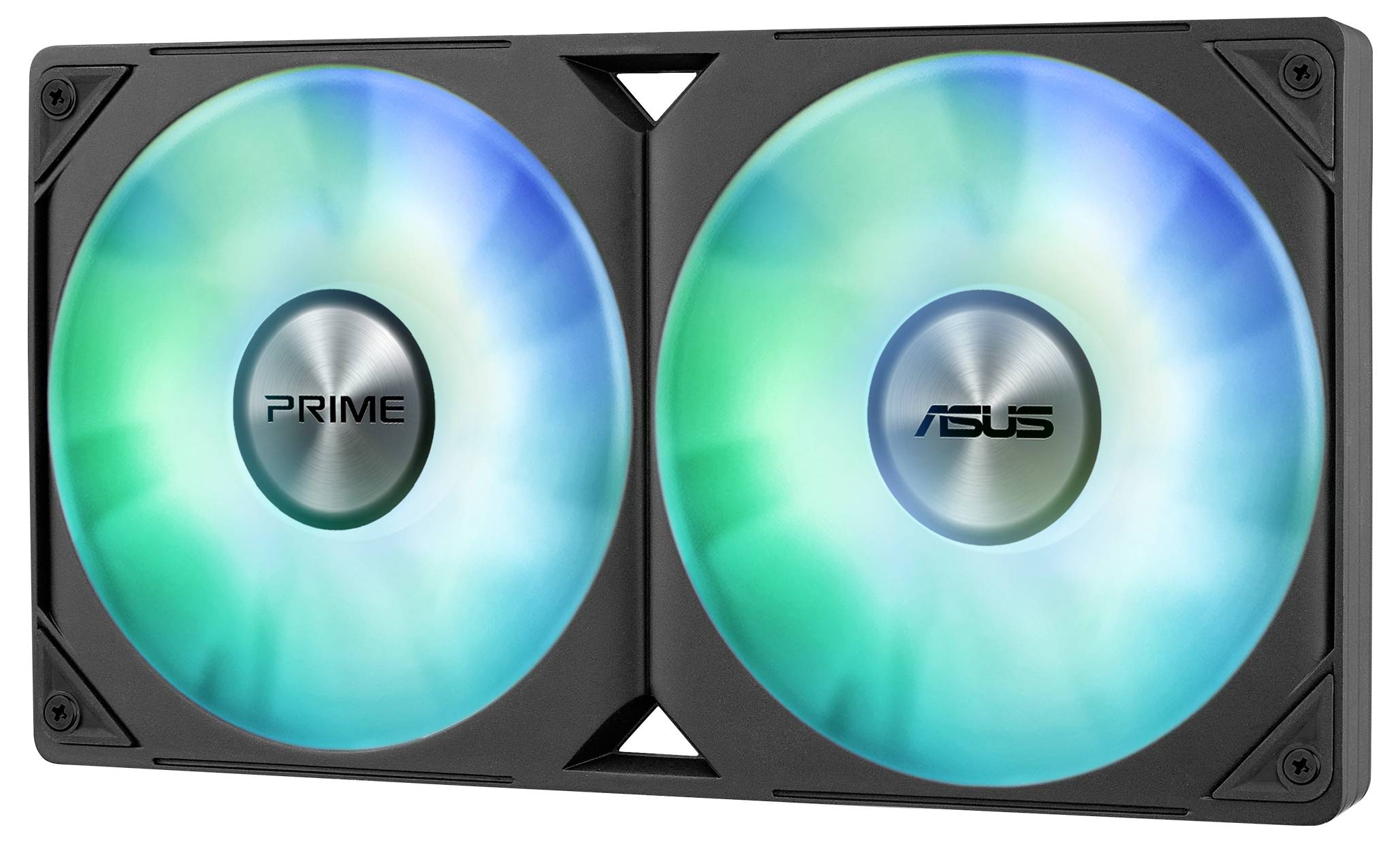 Zwei rotierende RGB-Lüfter mit grün-blauem Licht auf schwarzem Rahmen, markiert mit 'PRIME' und einem Markenlogo.