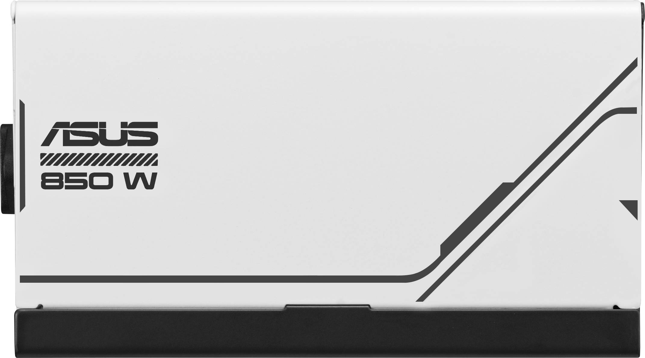 Externe ASUS Stromversorgungseinheit mit 850 W, weißes Gehäuse, schwarzes Logo und schlichte Linienmuster.