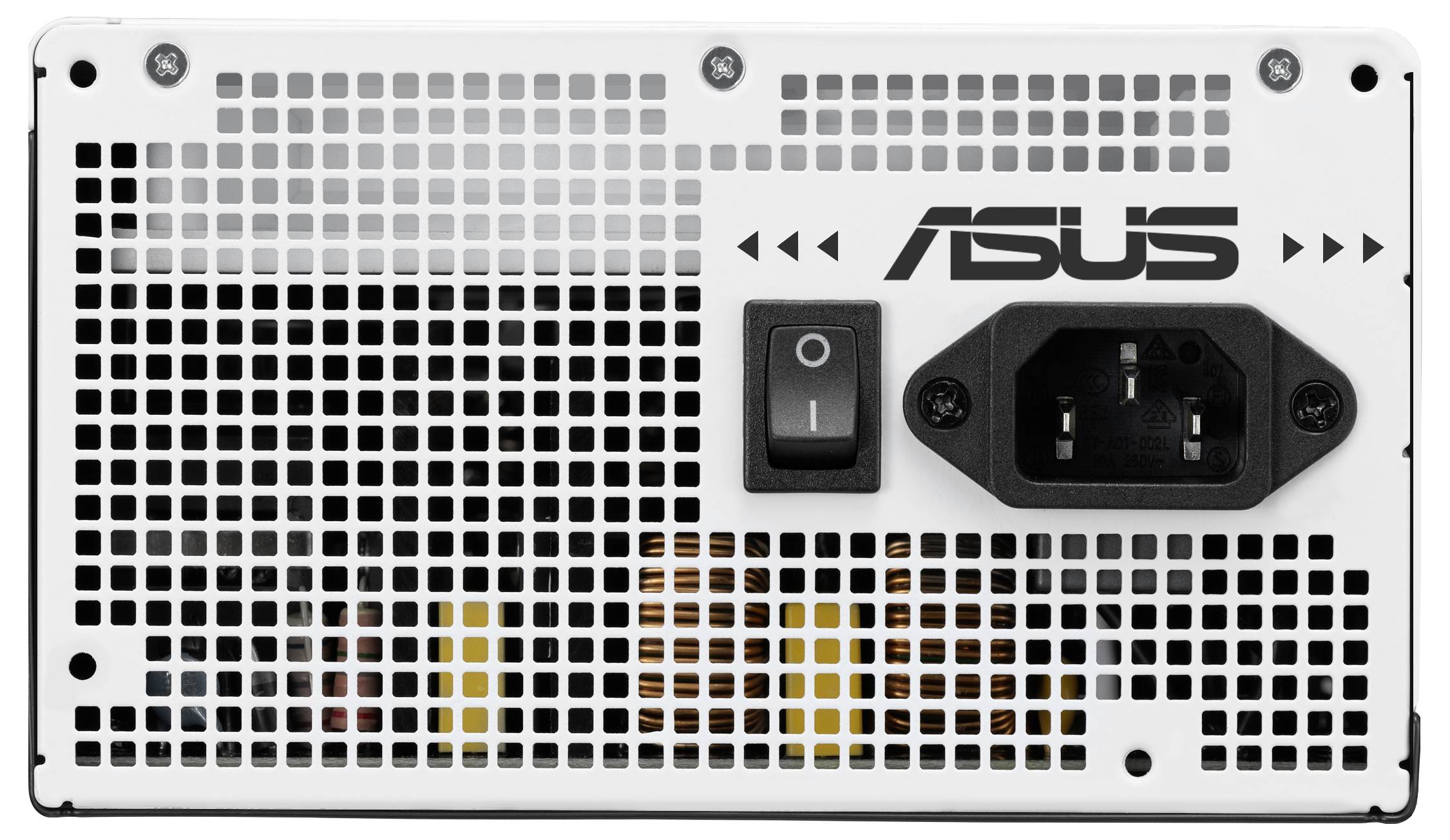 Weiße ASUS-Computernetzteil-Rückseite mit Gitterdesign, einem Ein/Aus-Schalter und einem Stromanschluss.