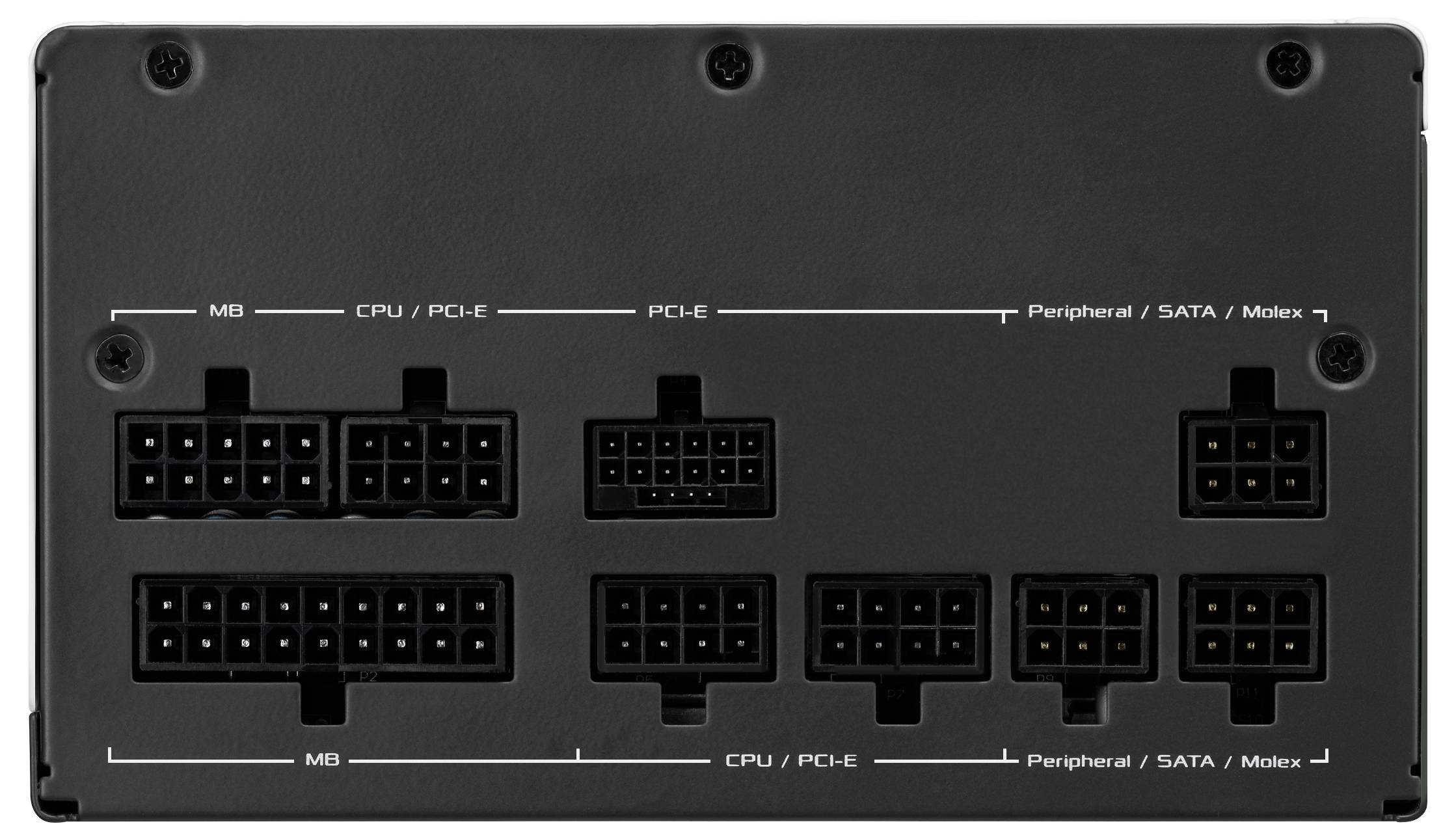 Rückseite eines PC-Netzteils mit verschiedenen Anschlussarten: MB, CPU/PCI-E, PCI-E, Peripheral/SATA/Molex, in einer schwarz-grauen Oberfläche.