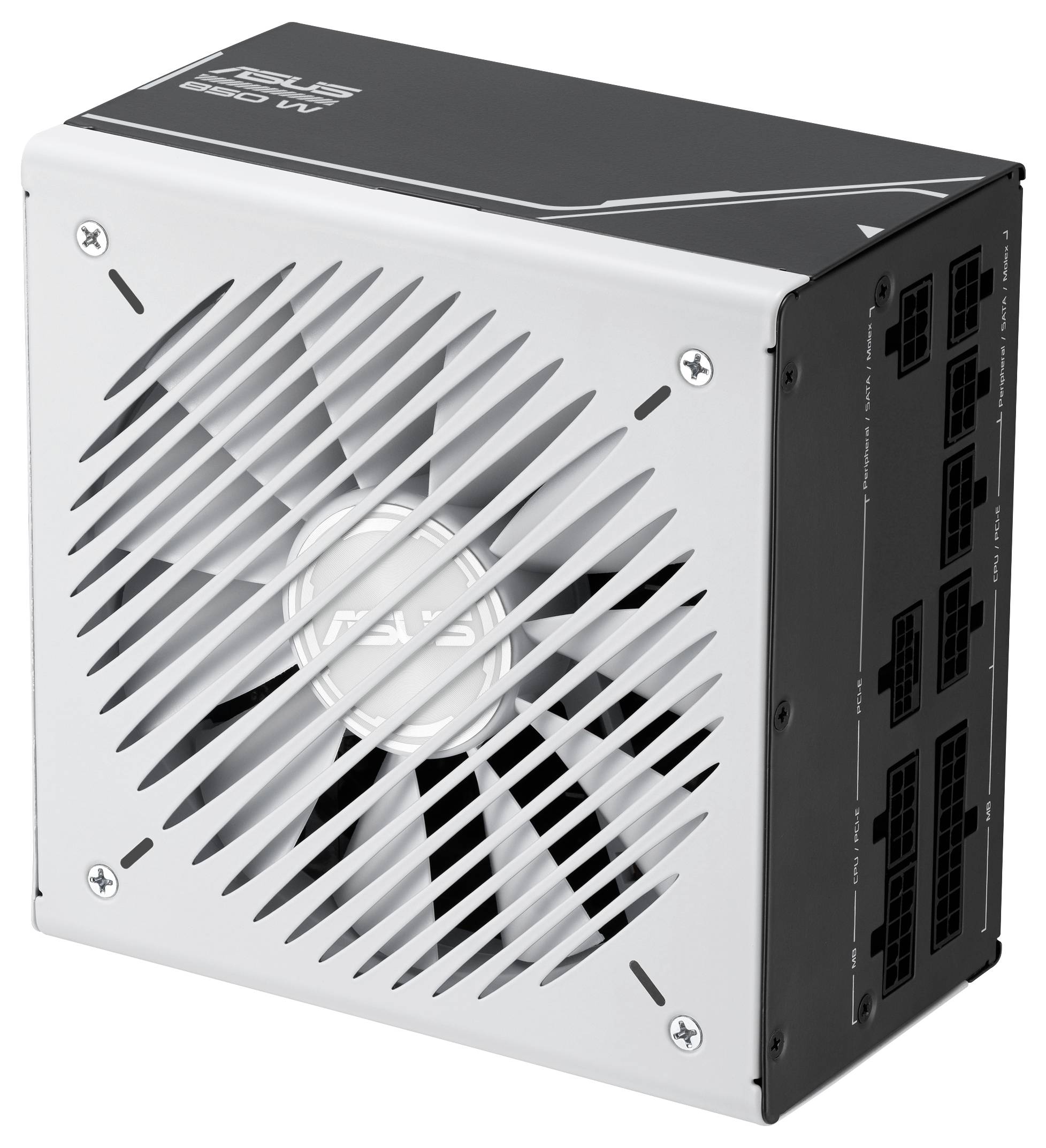 PC-Netzteil mit großem Lüfter auf der Oberseite. Schwarzes Gehäuse mit Anschlüssen auf der rechten Seite.