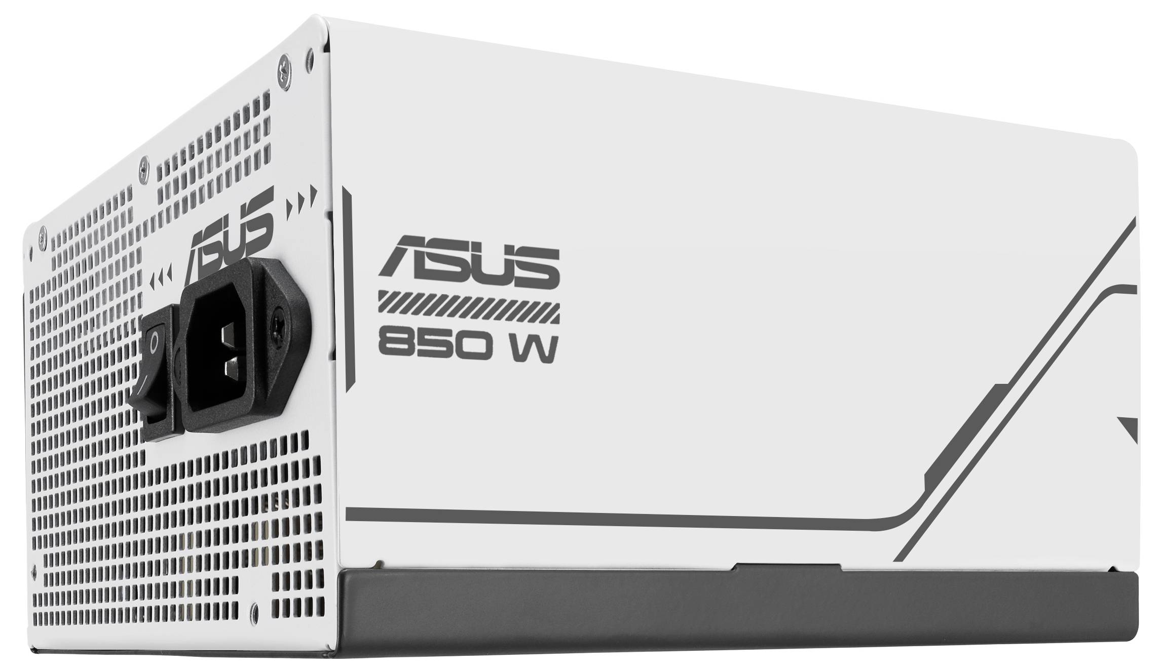 Ein weißes ASUS-PC-Netzteil mit der Aufschrift 'ASUS 850 W'. Sichtbar sind Lufteinlässe und der Stromanschluss.