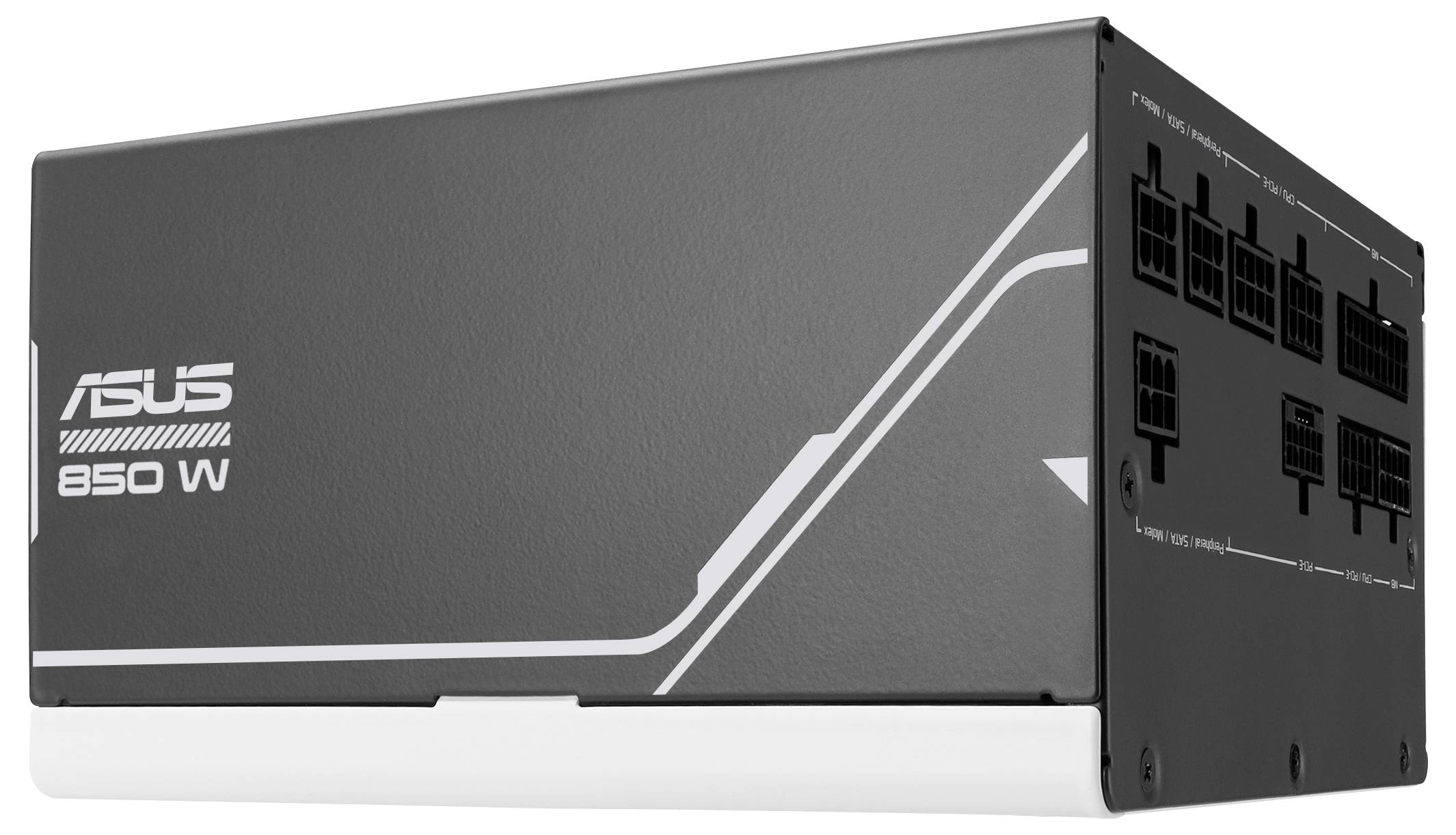 Asus Netzteil mit 850 Watt Leistung, schwarzes Gehäuse mit weißen Akzenten, mehrere Anschlüsse auf der rechten Seite.