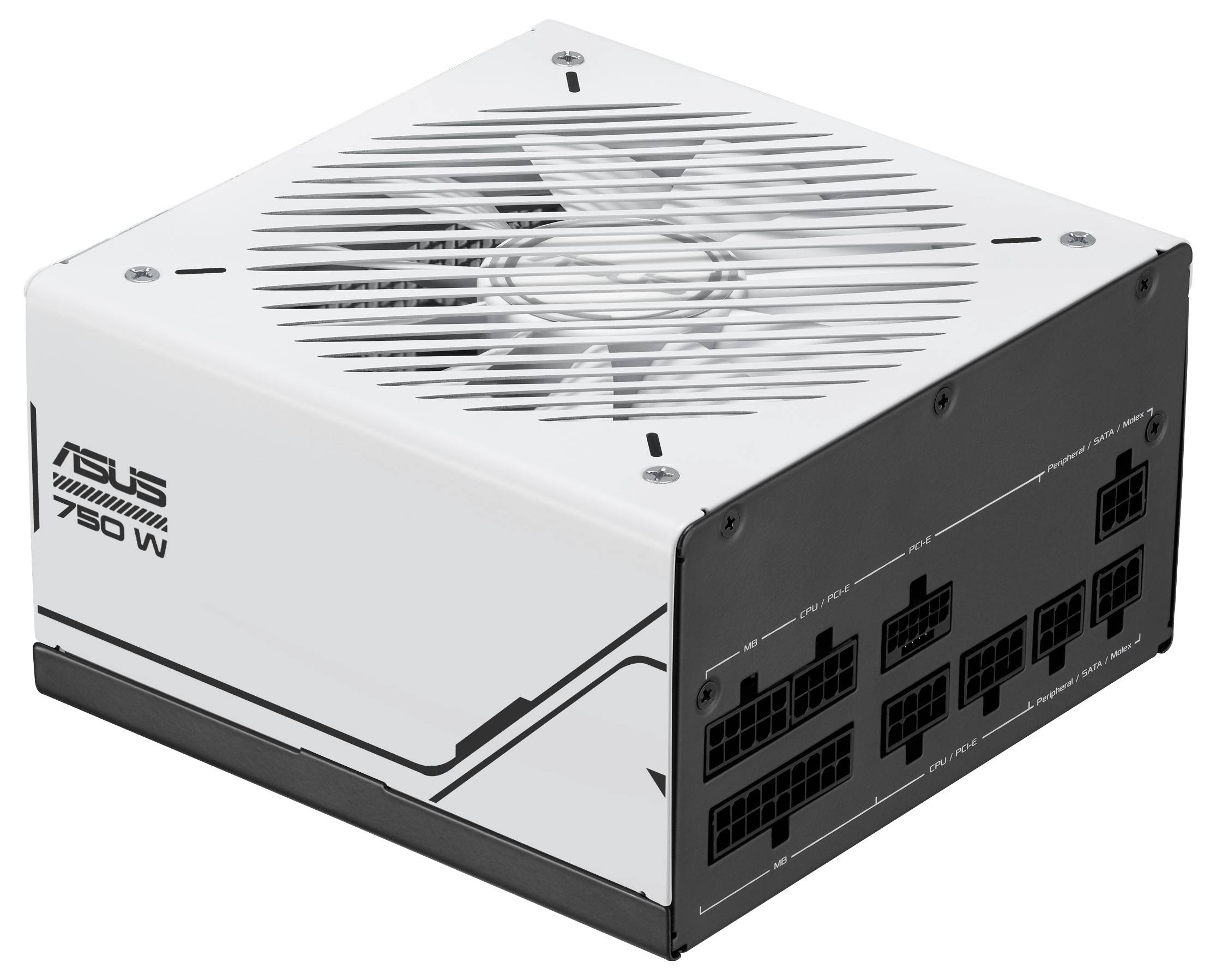 Weißes 750-Watt-Netzteil von ASUS mit Lüfter oben und mehreren Anschlüssen an der Seite. Geeignet für Computer-Montage.