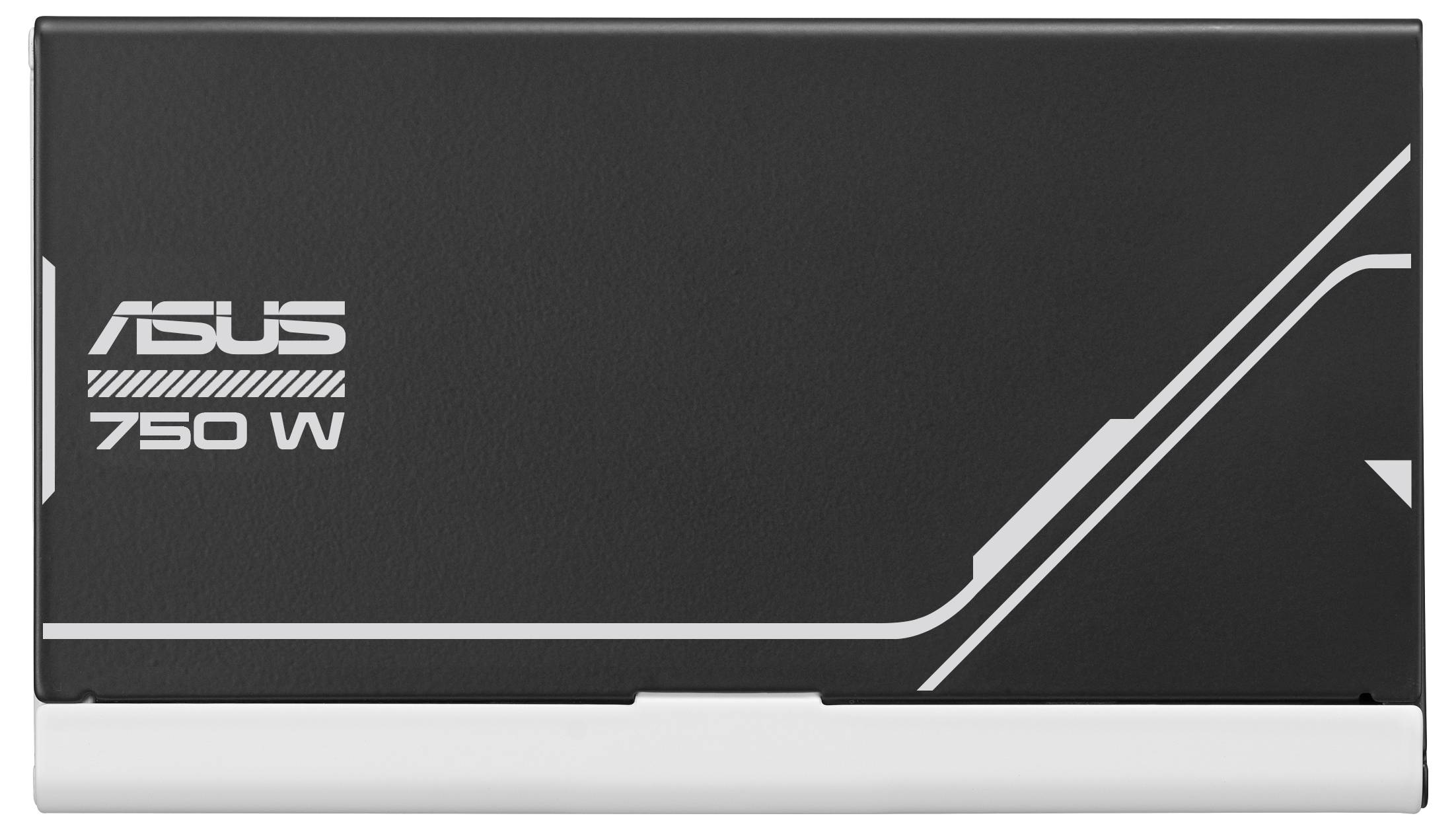 'ASUS 750 W' Netzteil in Schwarz, rechteckig mit weißem Text und Linien auf der Oberfläche.