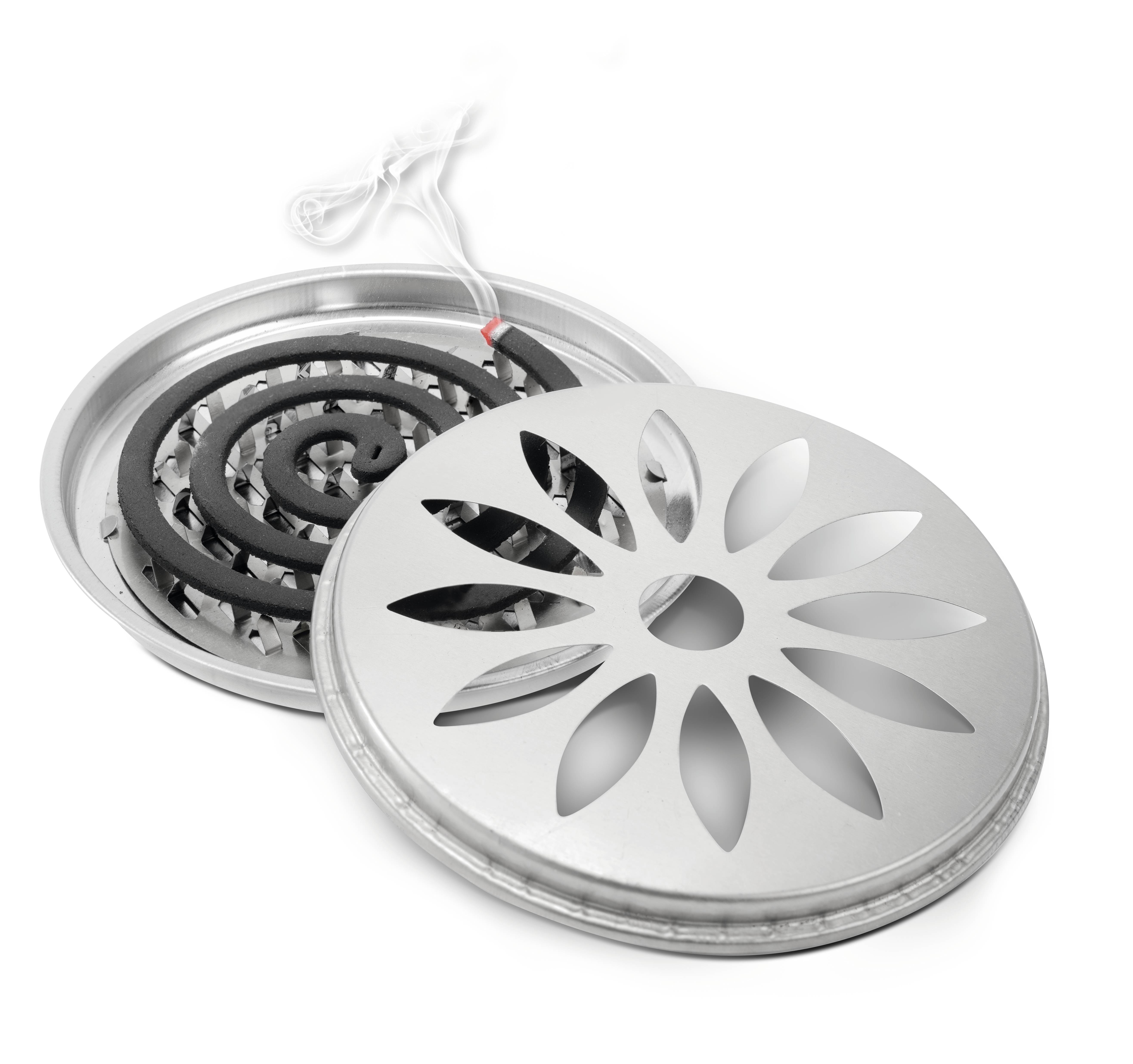 Metallischer Mückenzerstäuber in Blütenform mit Spirale darunter. Verwendet zum Vertreiben von Insekten im Freien.