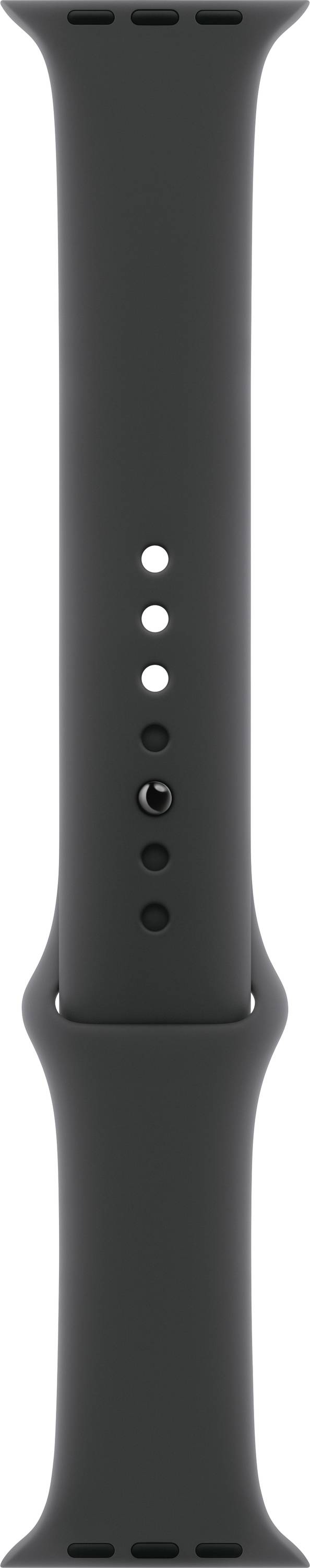 Dunkles Uhrenarmband mit mehreren Einstelllöchern aus Silikon für eine Smartwatch.