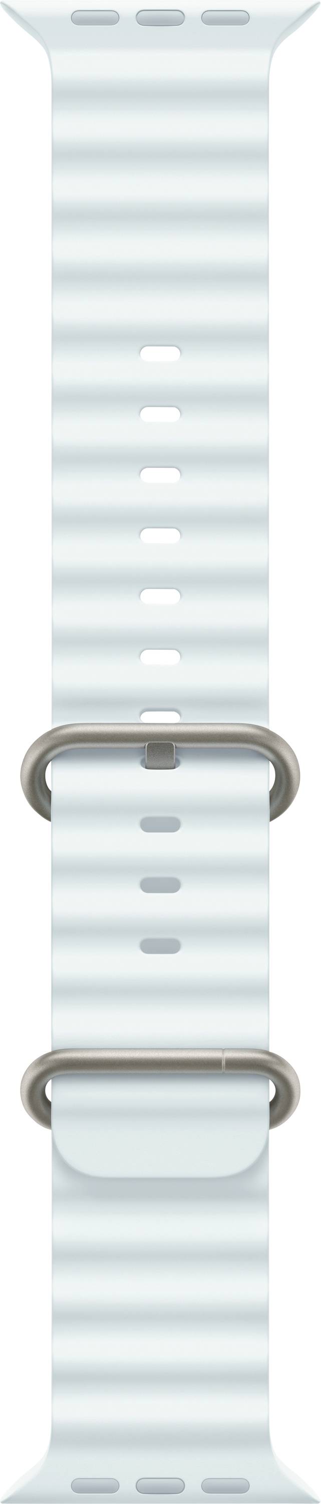 Ein hellblaues Armband mit zwei Metallschnallen und mehreren einstellbaren Löchern zur Anpassung der Größe.