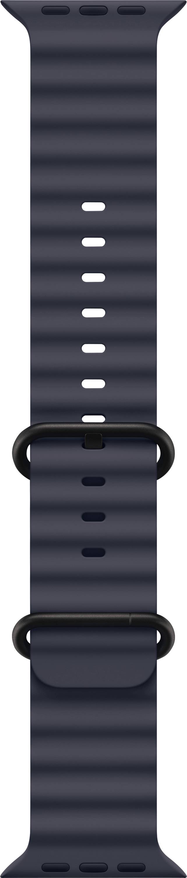 Dunkelblaues Armband mit mehreren Löchern und zwei schwarzen Schlaufen, geeignet für eine Uhr oder ein tragbares Gerät.