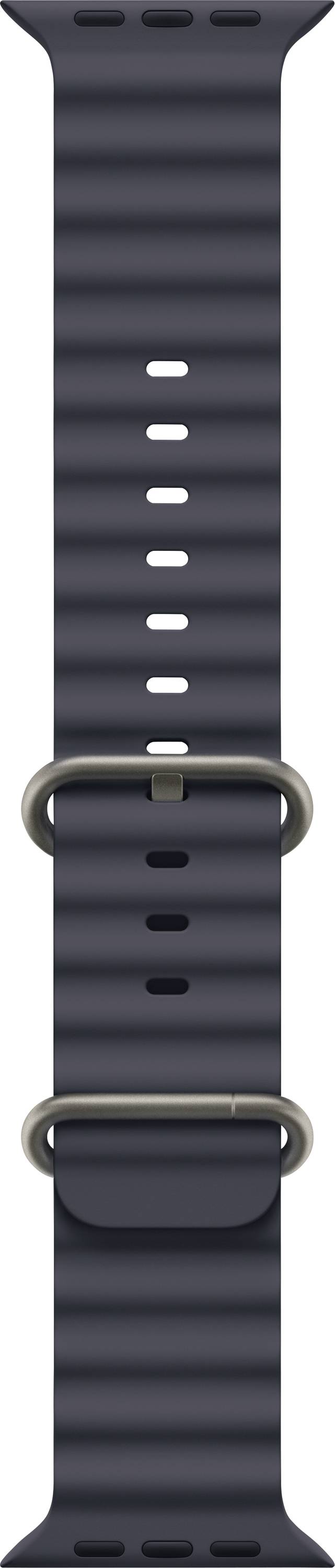 Schwarzes Uhrenarmband mit Metallverschluss, vielseitig einstellbar für verschiedene Handgelenkgrößen. Geeignet für Smartwatches.