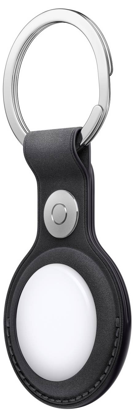 Ein schwarzer Schlüsselanhänger mit einer runden weißen Scheibe, die zur Verfolgung von Gegenständen verwendet wird.