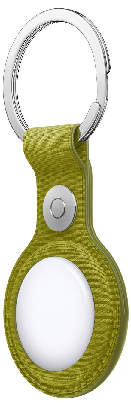 Ein gelber Schlüsselanhänger mit einer runden, weißen Scheibe in der Mitte, die als Tracker verwendet wird.