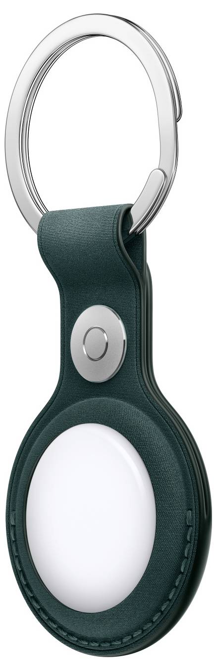 Ein runder, weißer Anhänger mit einem grünen Lederetui und silbernem Schlüsselring. Wird zur Verfolgung von Gegenständen verwendet.