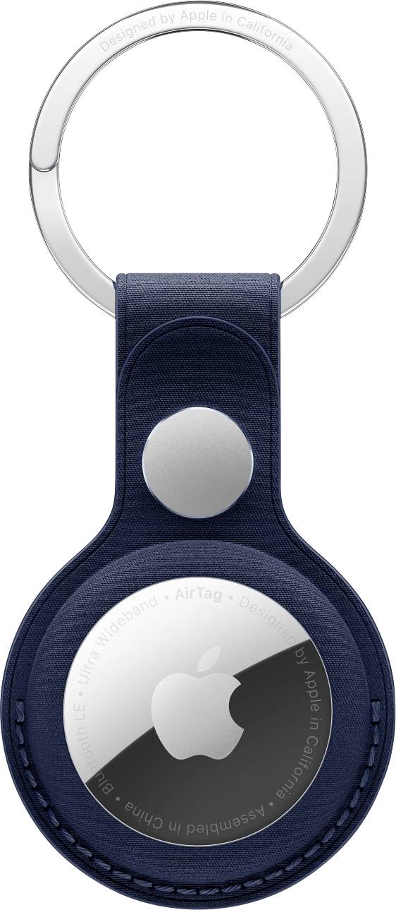 Ein AirTag in einem blauen Schlüsselanhänger. Der AirTag trägt das Apple-Logo und ist zum Auffinden von Gegenständen konzipiert.