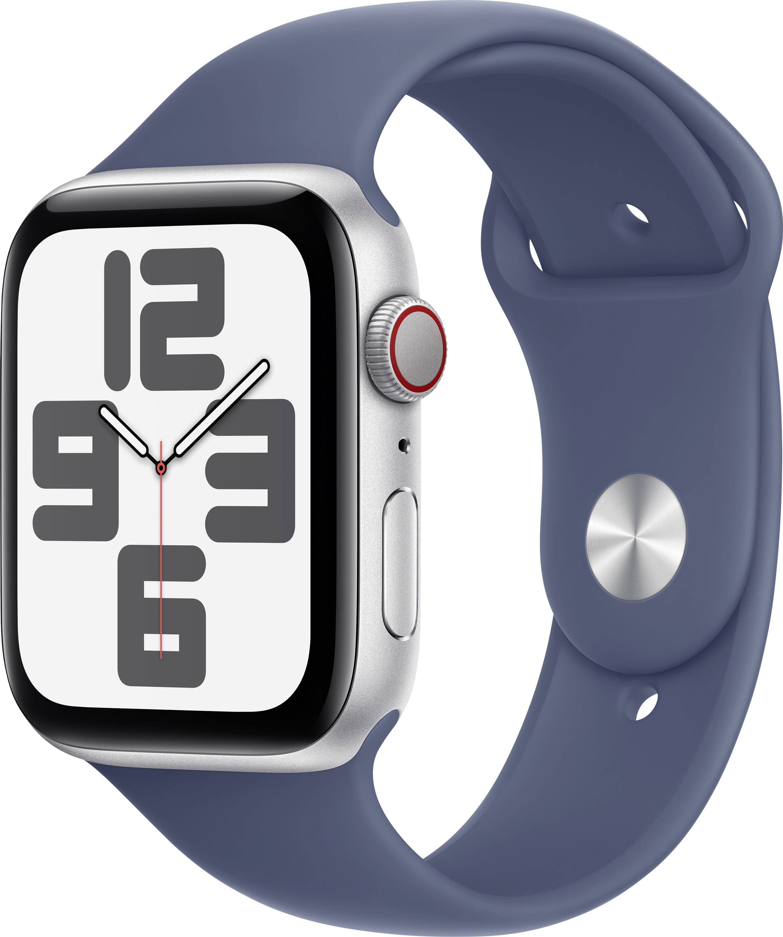 Eine Smartwatch mit blauem Armband und einem Zifferblatt, das große, graue Zahlen zeigt. Die Uhrzeit liest 10:09.