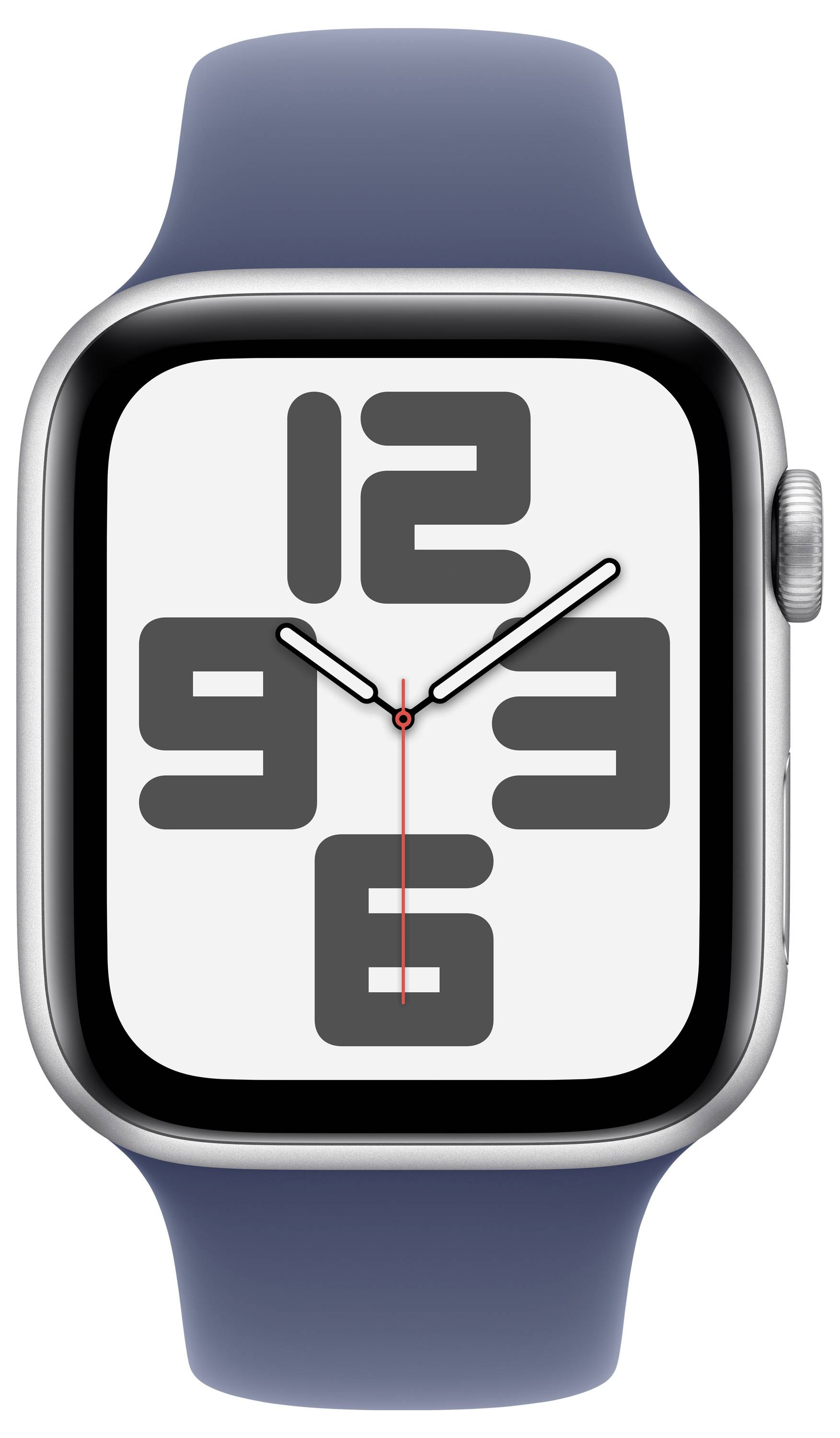 Smartwatch mit blauem Armband und digitaler Ziffernanzeige auf dem Display, großen Ziffern und drei Zeigern in Schwarz und Rot.