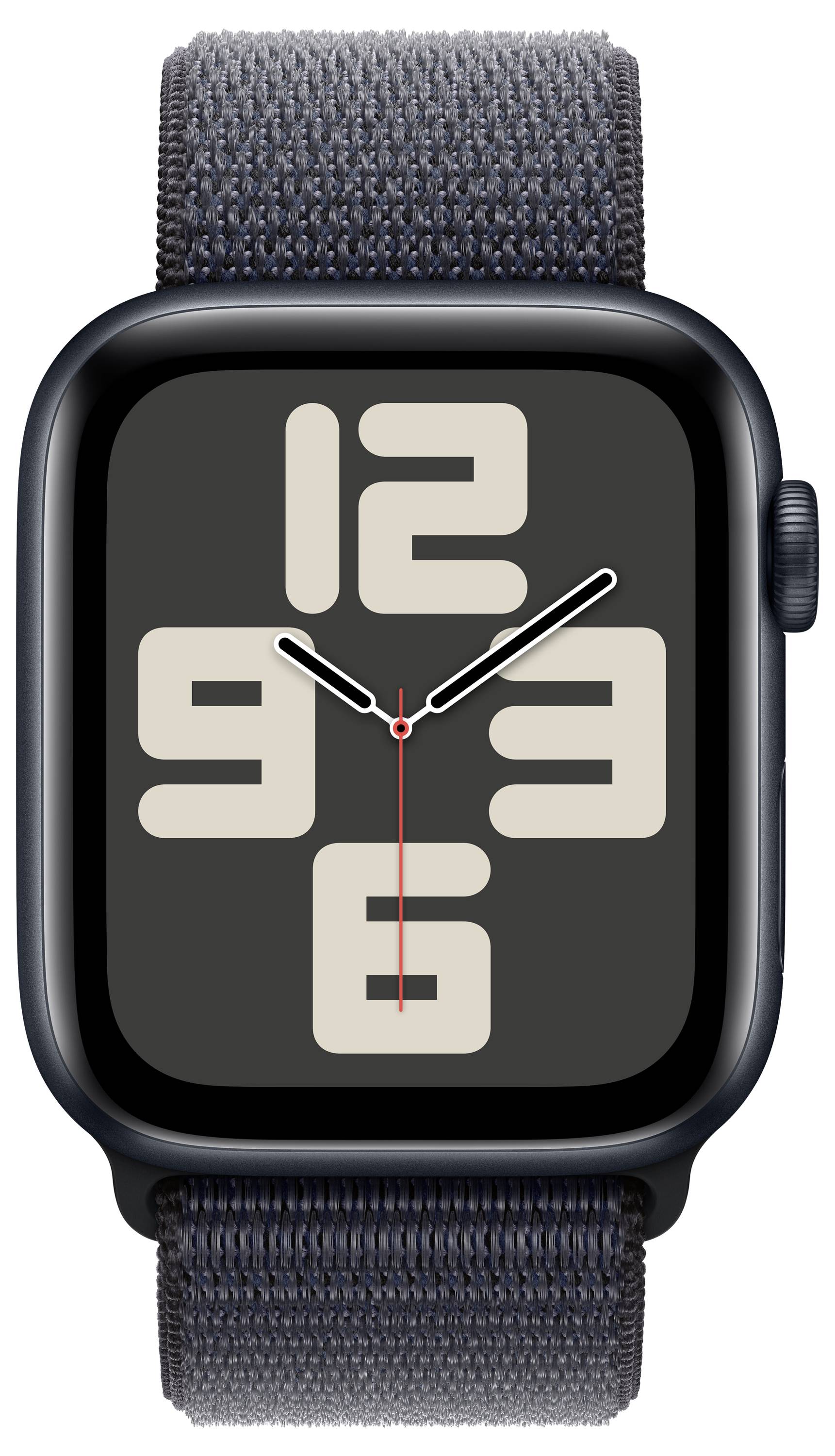 Eine Smartwatch mit schwarzem Gehäuse und dunkelgrauem Armband zeigt eine digitale Uhranzeige mit stilisierten Zahlen 12, 3, 6, und 9.