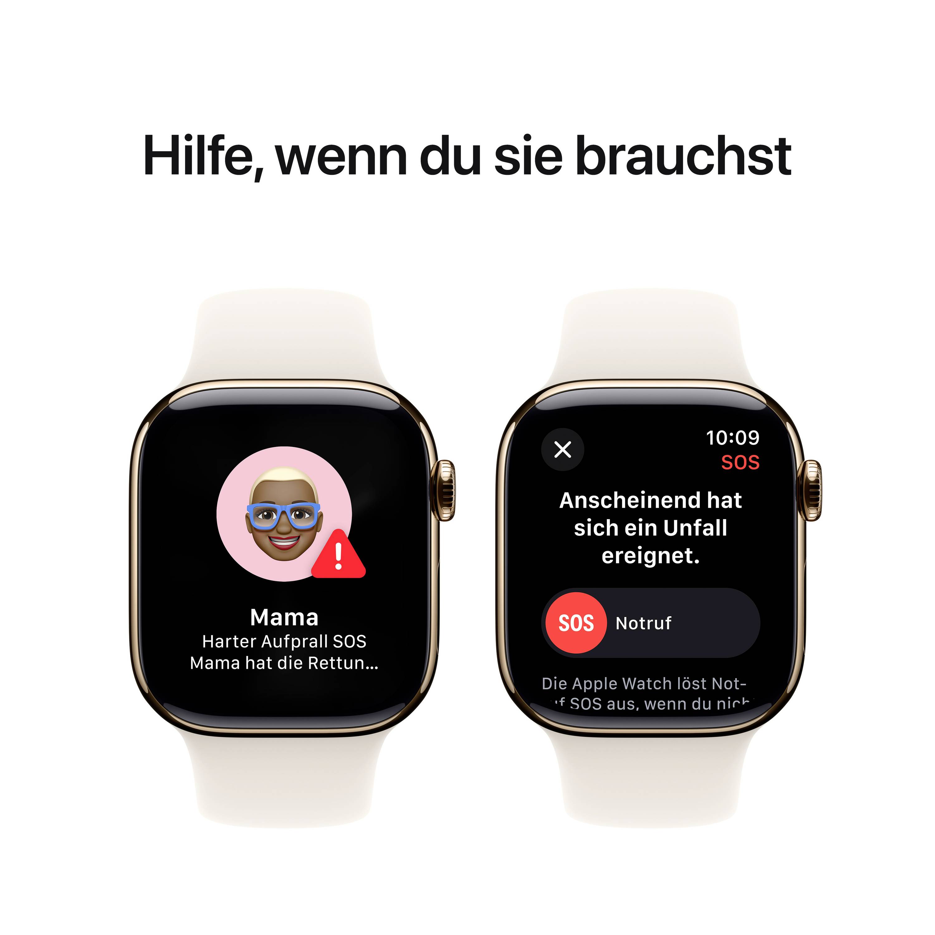 Zwei Smartwatch-Bildschirme zeigen einen Notfallalarm mit der Nachricht 'Harter Aufprall SOS' und einem SOS-Button zur Notruffunktion.