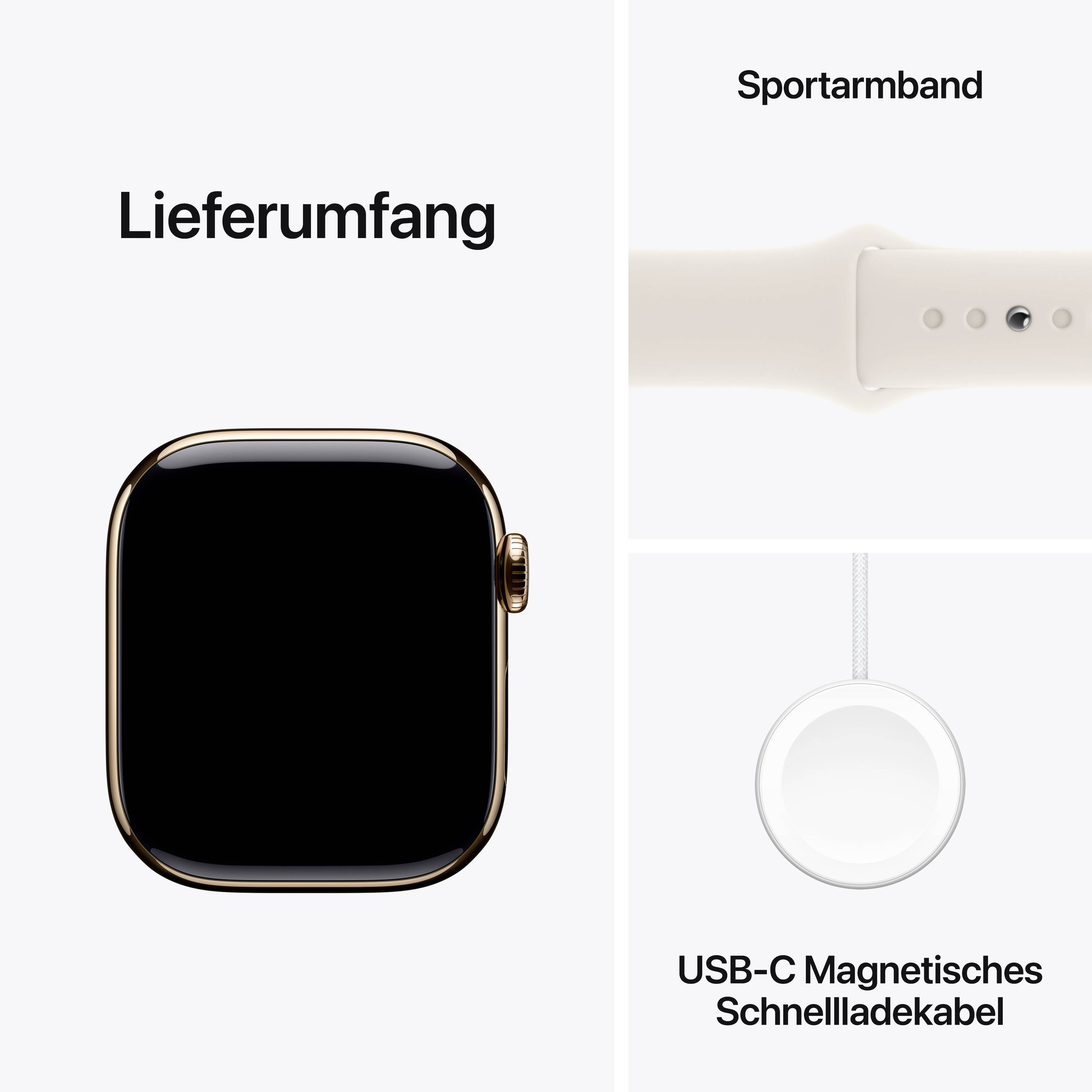 Lieferumfang einer Smartwatch: Sportarmband in Beige, rechteckiges schwarzes Zifferblatt, USB-C Magnetisches Schnellladekabel.