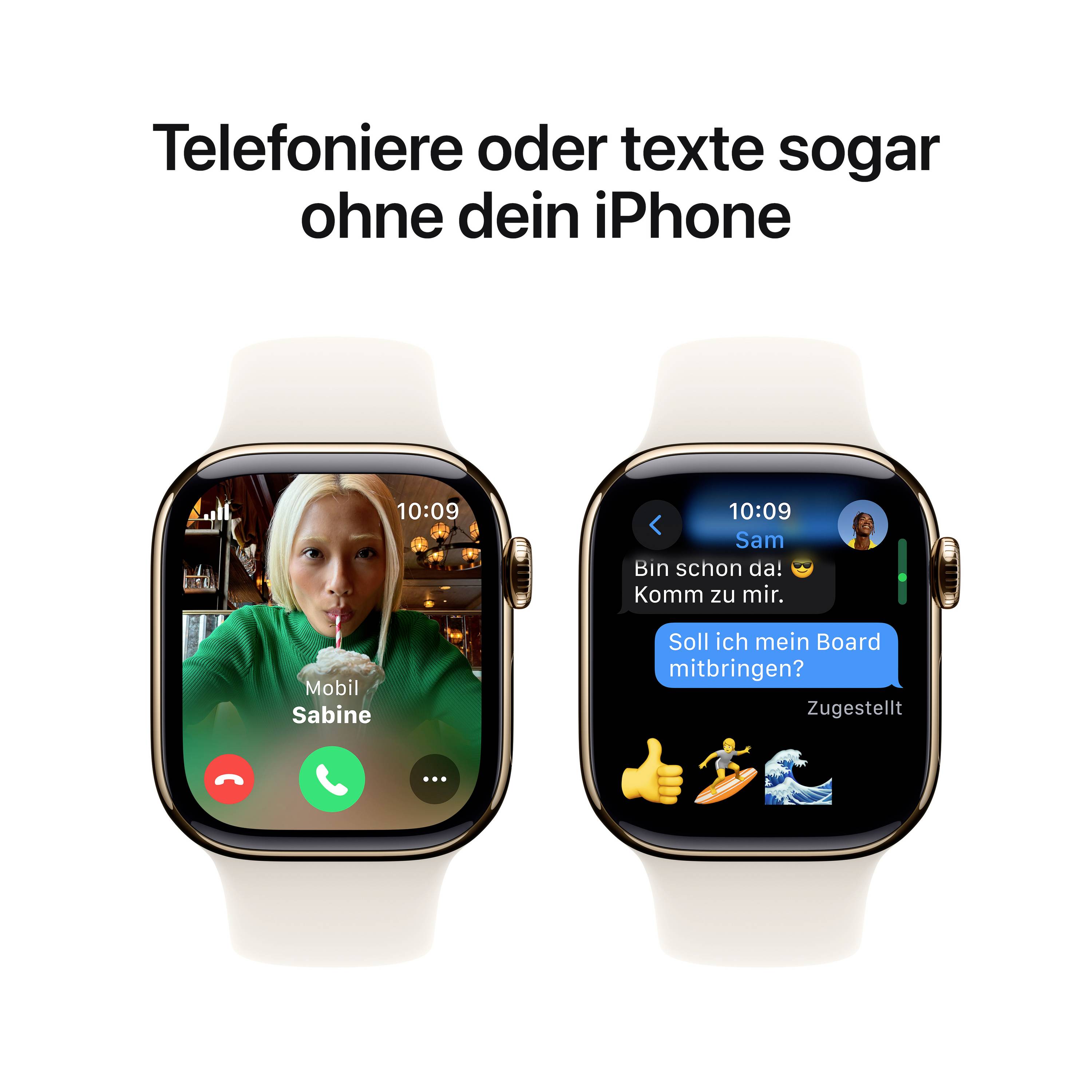 Zwei Smartwatches nebeneinander. Links ein Anrufbildschirm mit einem Porträt von 'Sabine'. Rechts ein Chatbildschirm mit Nachrichten.