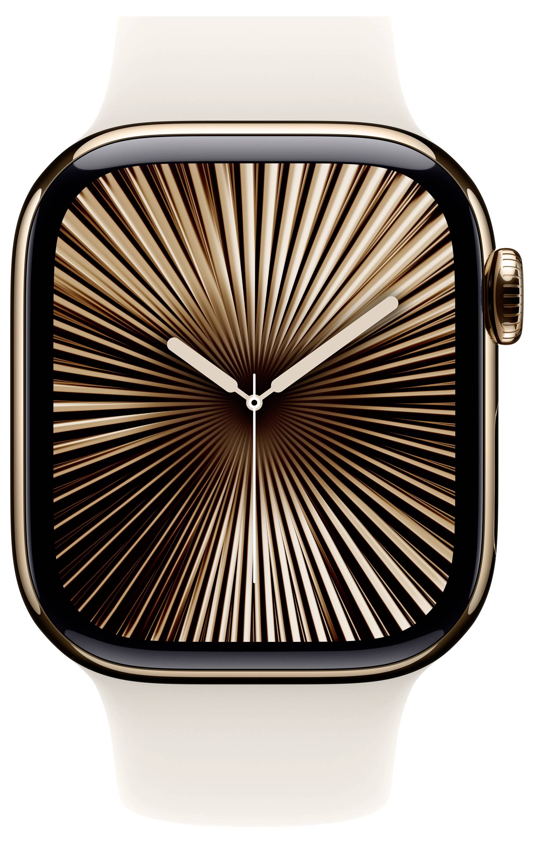 Eine moderne Smartwatch mit einem goldenen Gehäuse und cremefarbenem Armband. Das Zifferblatt zeigt ein strahlendes, abstraktes Muster.