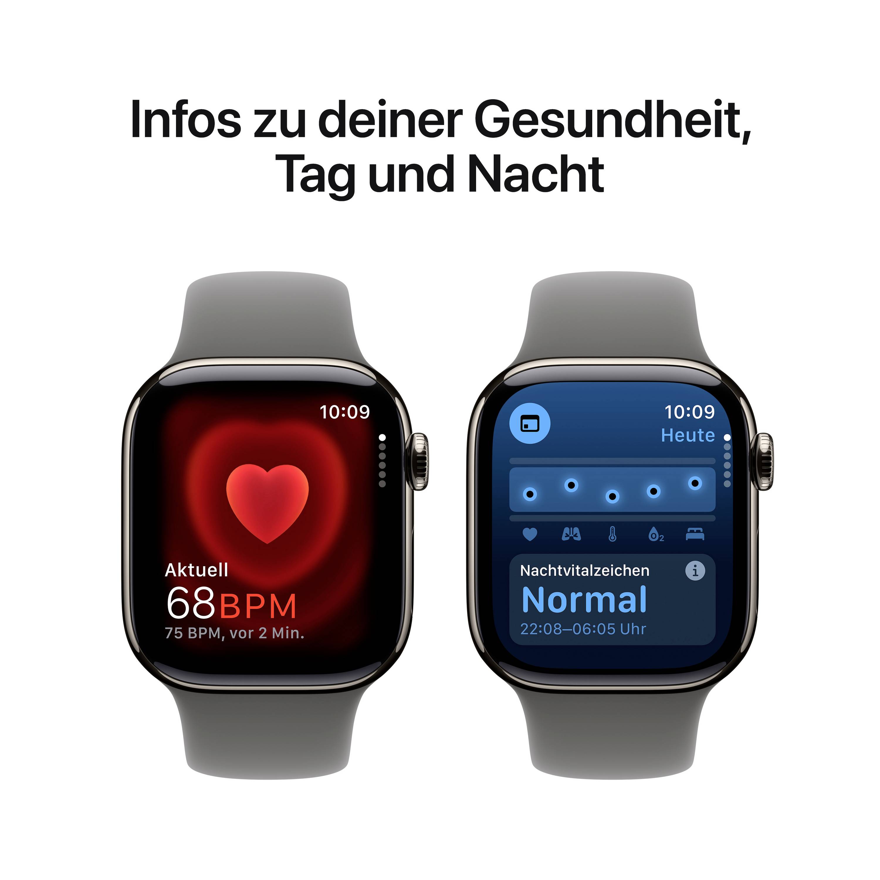 Zwei Smartwatches zeigen Gesundheitsinformationen an. Links ein Herz mit '68 BPM', rechts Schlafdaten mit 'Normal'. Text oben: 'Infos zu deiner Gesundheit, Tag und Nacht'.