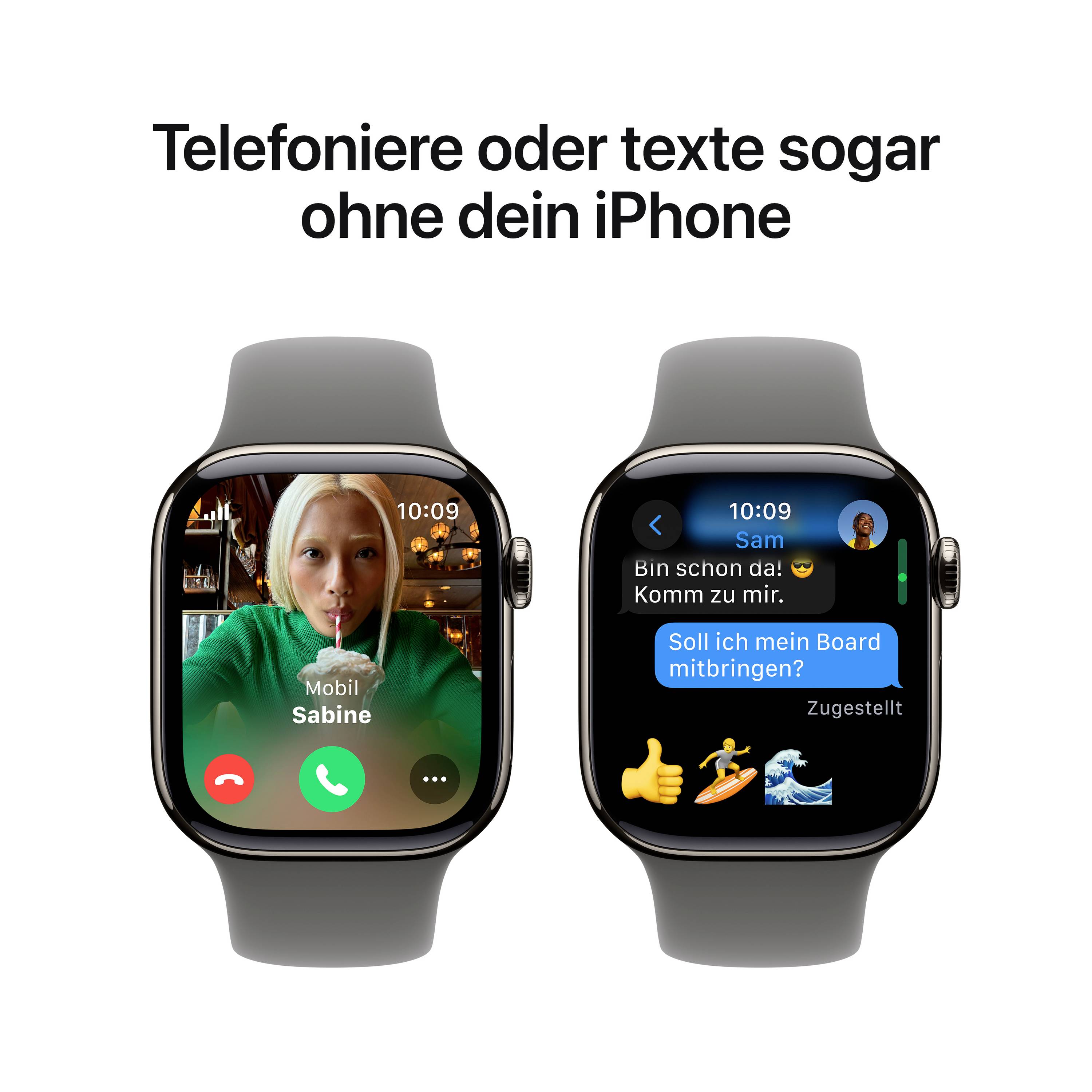 Zwei Smartwatch-Bildschirme: links ein Videoanruf einer Frau, rechts eine Textnachricht mit dem Hinweis, dass der Empfänger erreichbar ist.