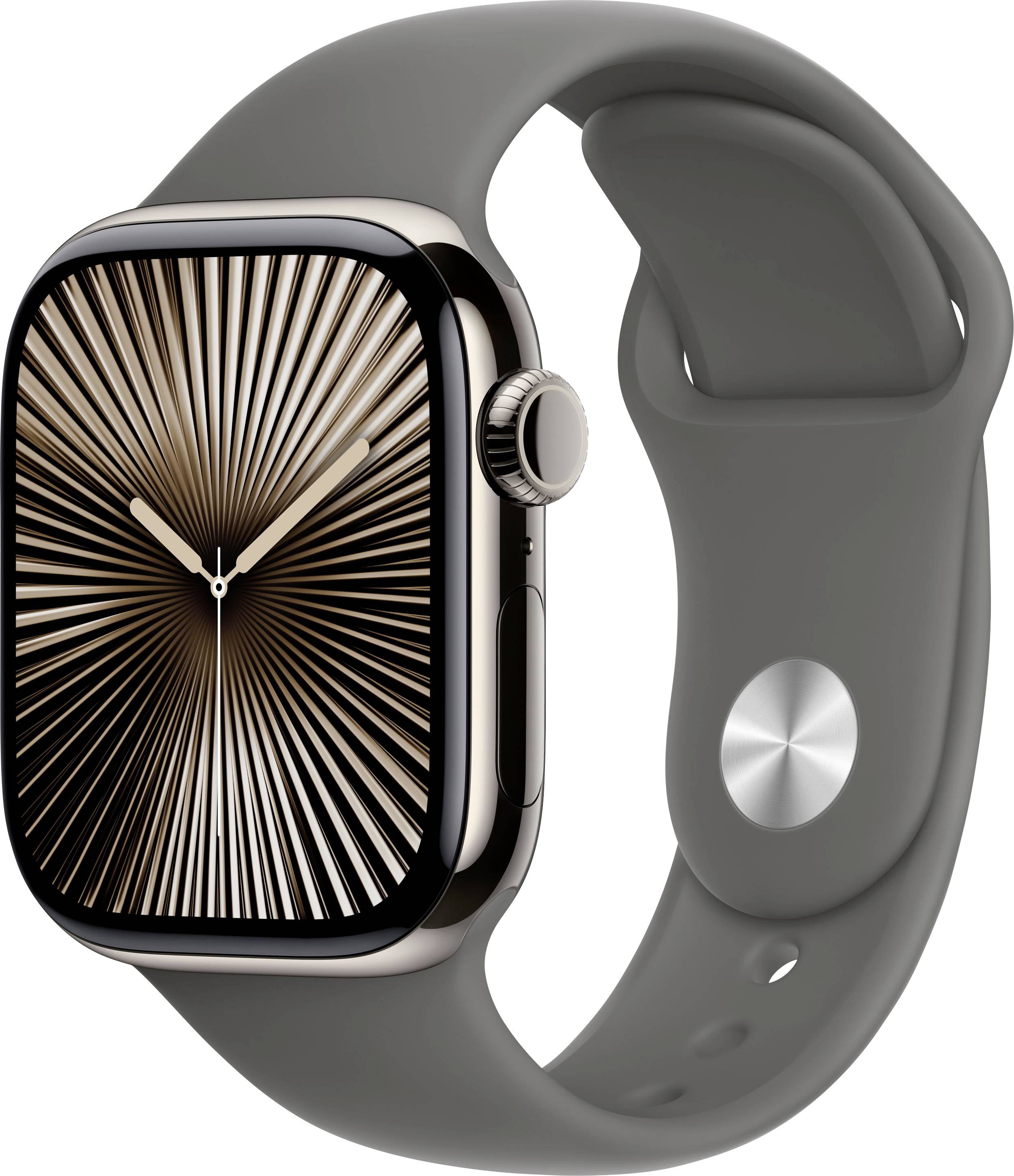 Eine Smartwatch mit einem silbernen Gehäuse und einem grauen Armband. Das Zifferblatt zeigt ein strahlenförmiges Muster.