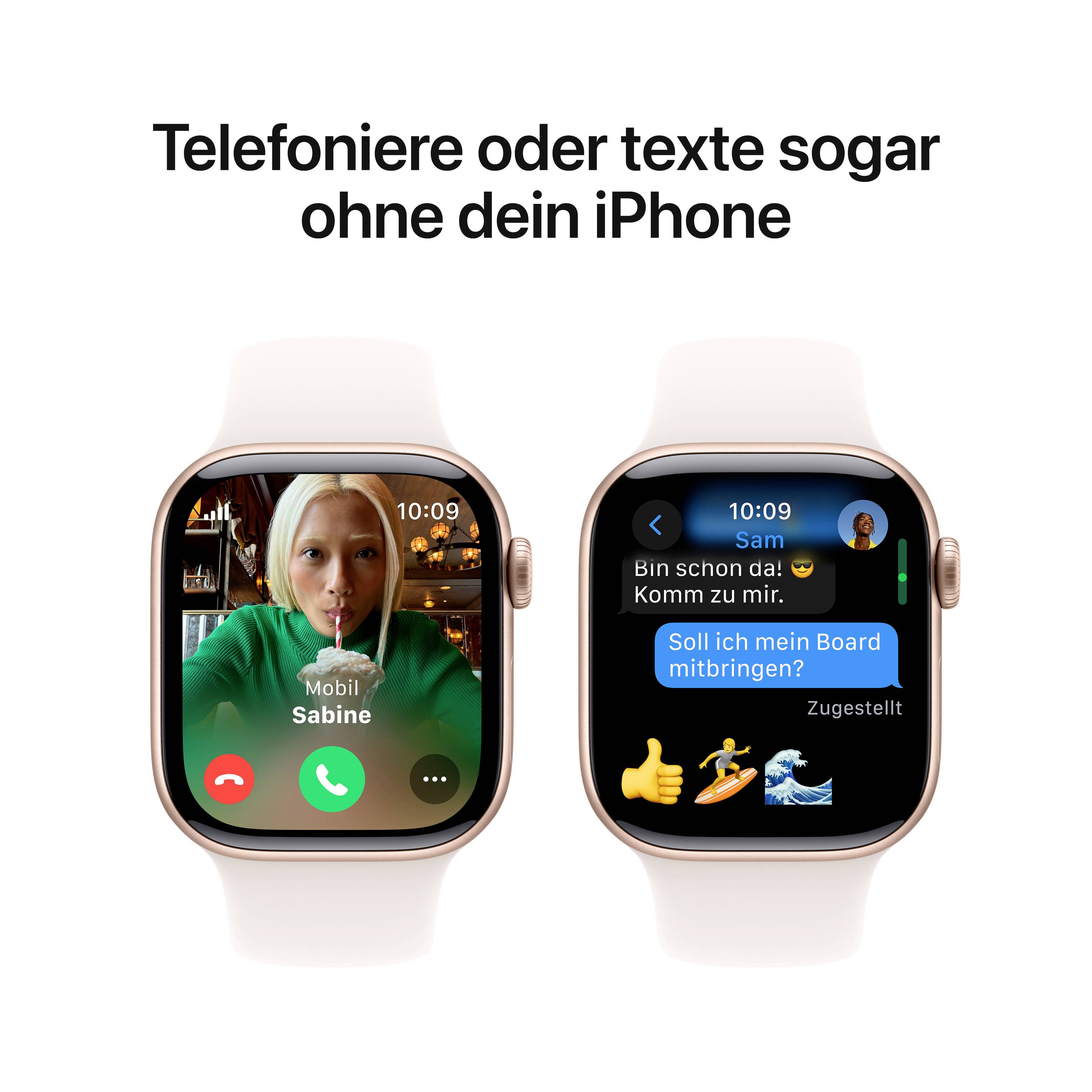 Zwei Smartwatches mit Anrufen und Nachrichten. Links: Videoanruf mit Frau. Rechts: Textnachricht, fragt über Mitbringen eines Boards.