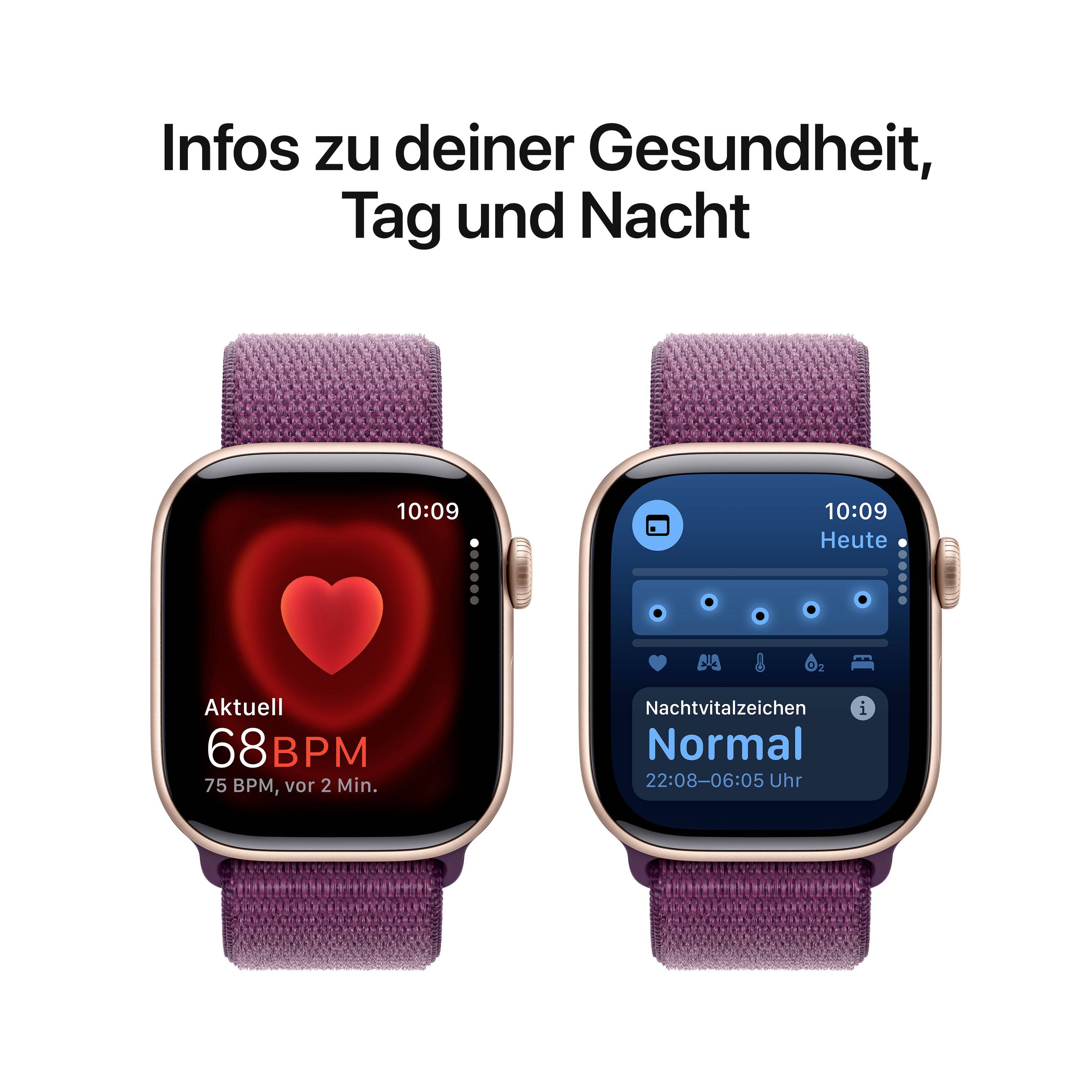Zwei Smartwatch-Displays zeigen Gesundheitsinfos: links Herzfrequenz von 68 BPM, rechts Nachtvitalzeichen-Normalanzeige.