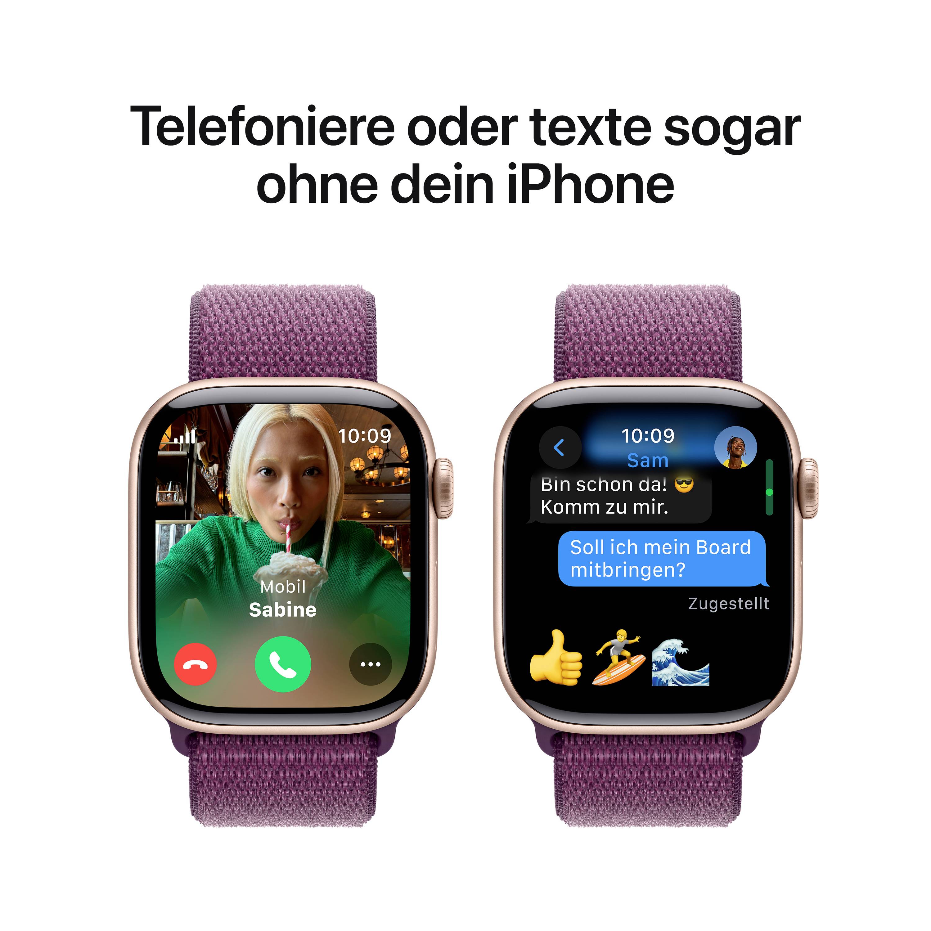 Zwei Smartwatches mit braunen Armbändern. Links ein Anrufbildschirm mit einer Frau, rechts ein Nachrichtenbildschirm mit Text.