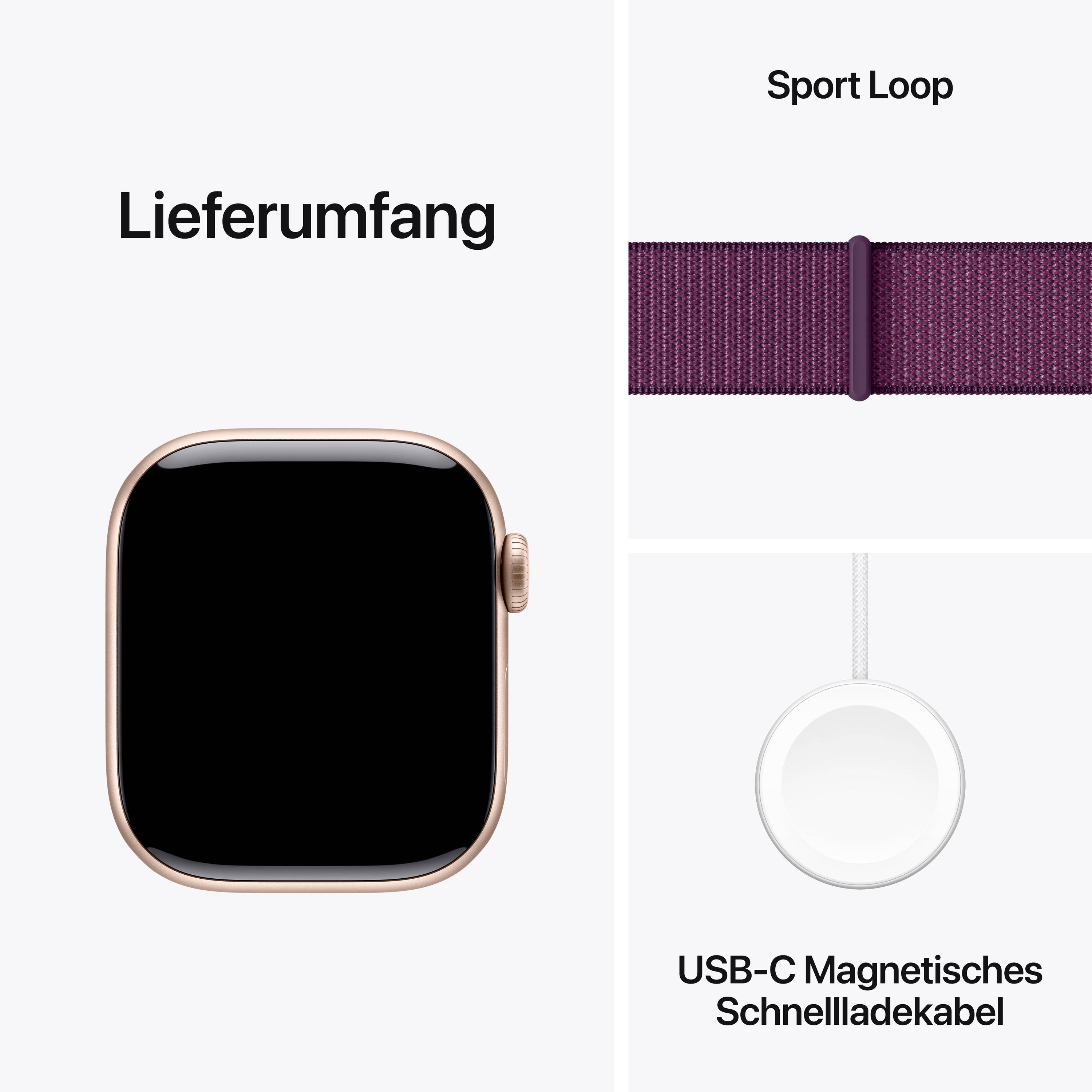 Lieferumfang einer Smartwatch: Uhrengehäuse, Sport Loop-Armband, USB-C Magnetisches Schnellladekabel.