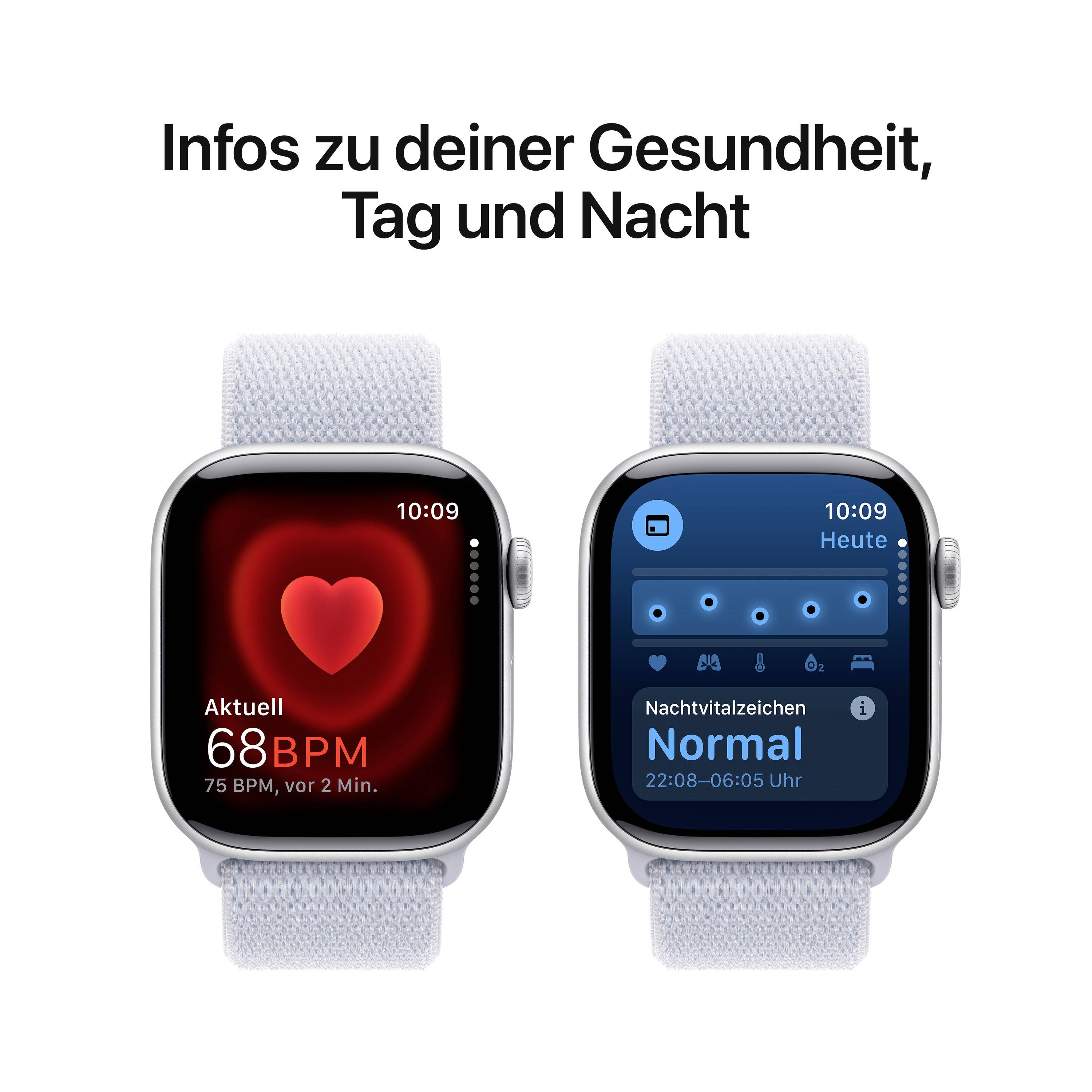 Zwei Smartwatch-Displays zeigen Gesundheitsdaten. Links: Herzfrequenz 68 BPM. Rechts: Nachtvitalzeichen als normal markiert. Text oben: 'Infos zu deiner Gesundheit, Tag und Nacht'.