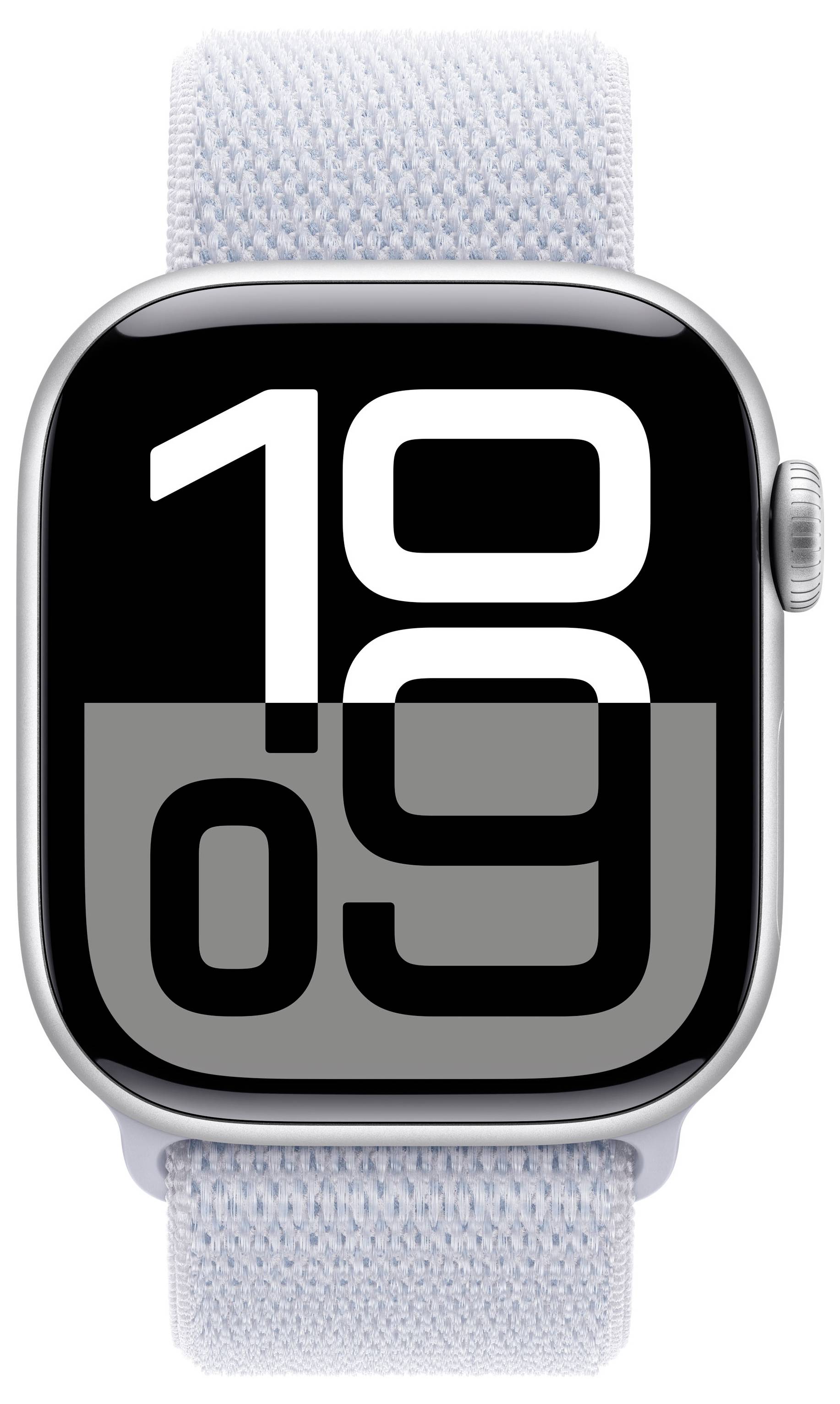 Smartwatch mit digitalem Zifferblatt, zeigt die Uhrzeit 10:09. Sie hat ein hellblaues Stoffarmband und ein silbernes Gehäuse.