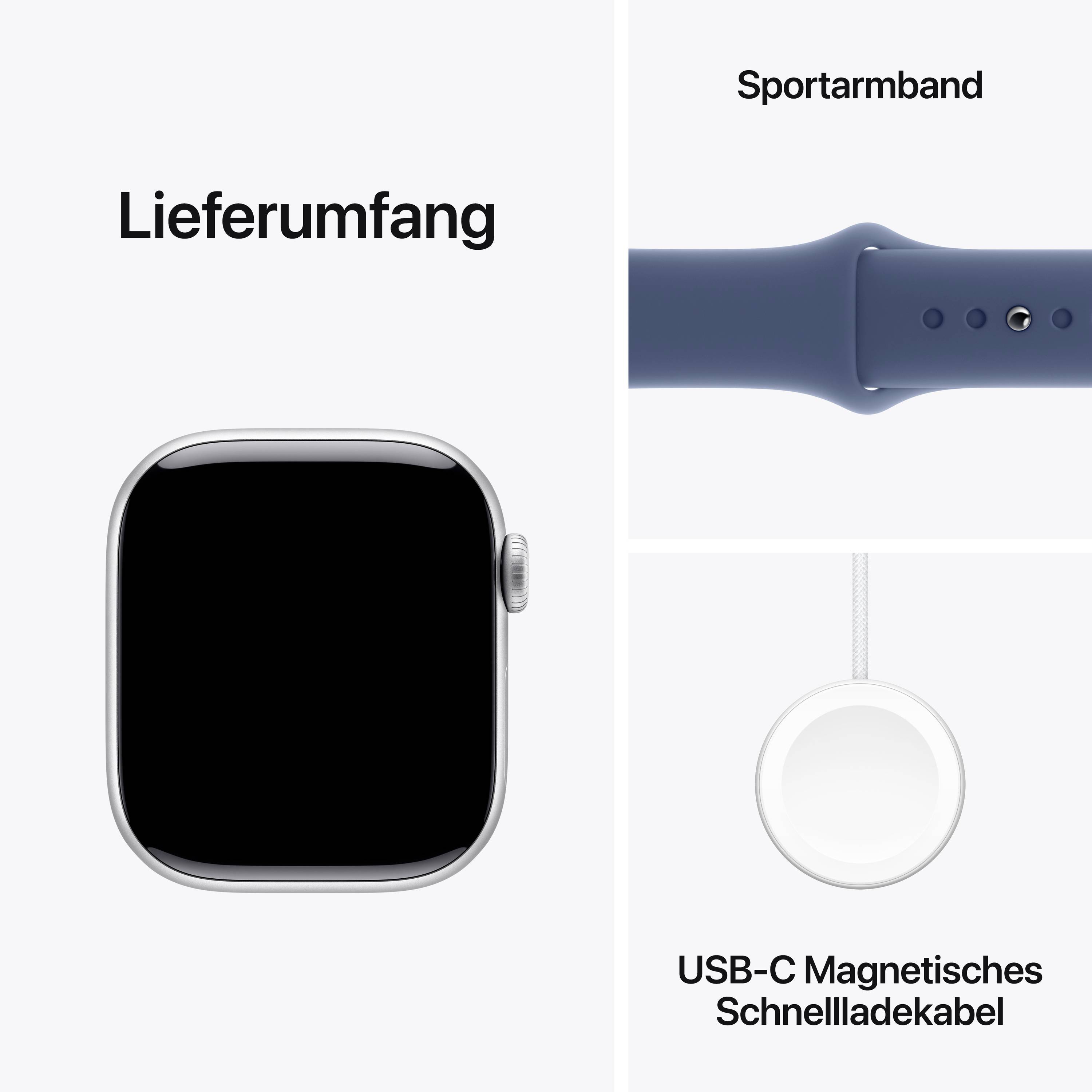 Lieferumfang: Smartwatch mit Sportarmband, USB-C Magnetisches Schnellladekabel.