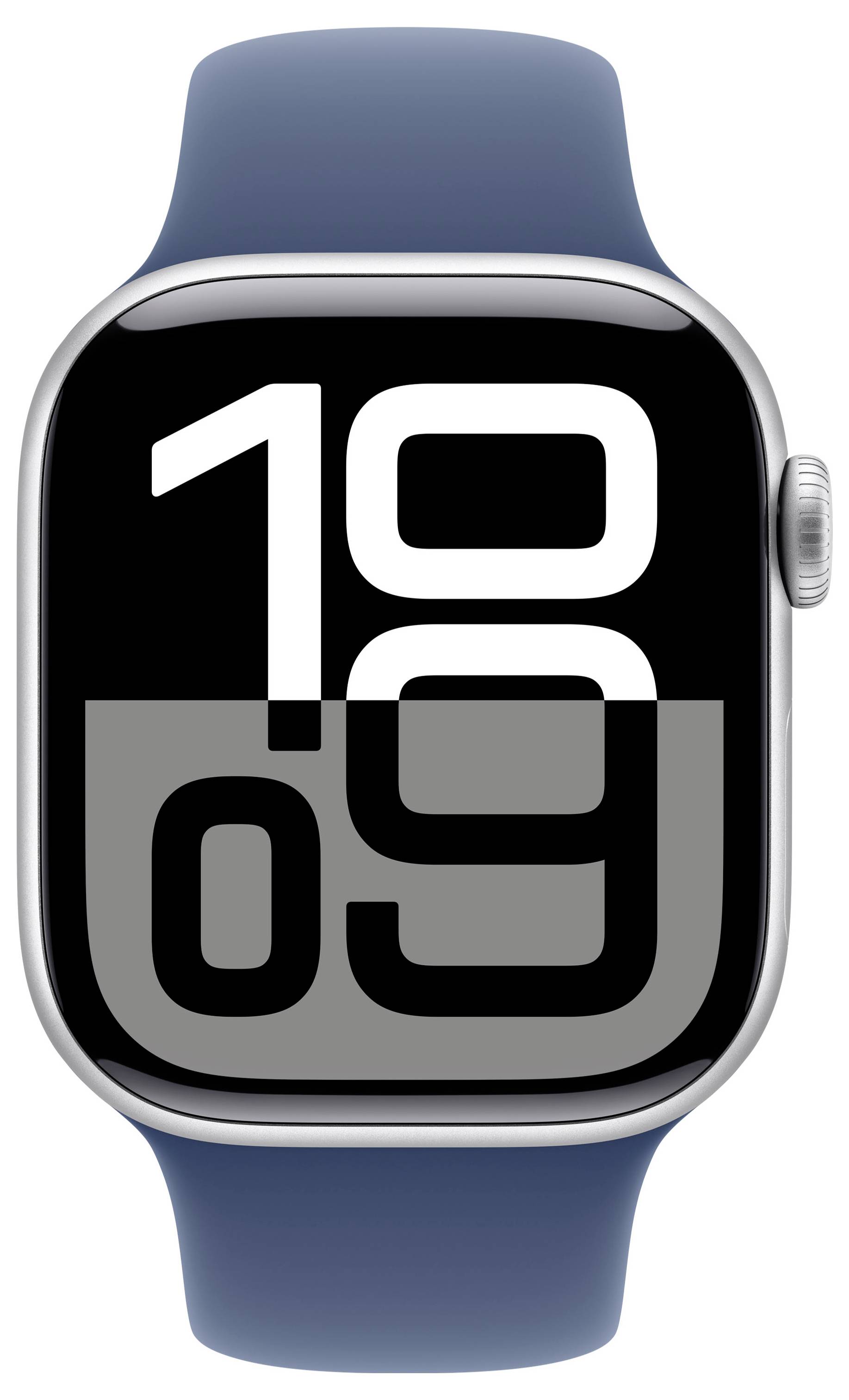 Eine Smartwatch mit grauem Zifferblatt zeigt die Uhrzeit '10:09'. Sie hat ein blaues Armband und eine digitale Anzeige.