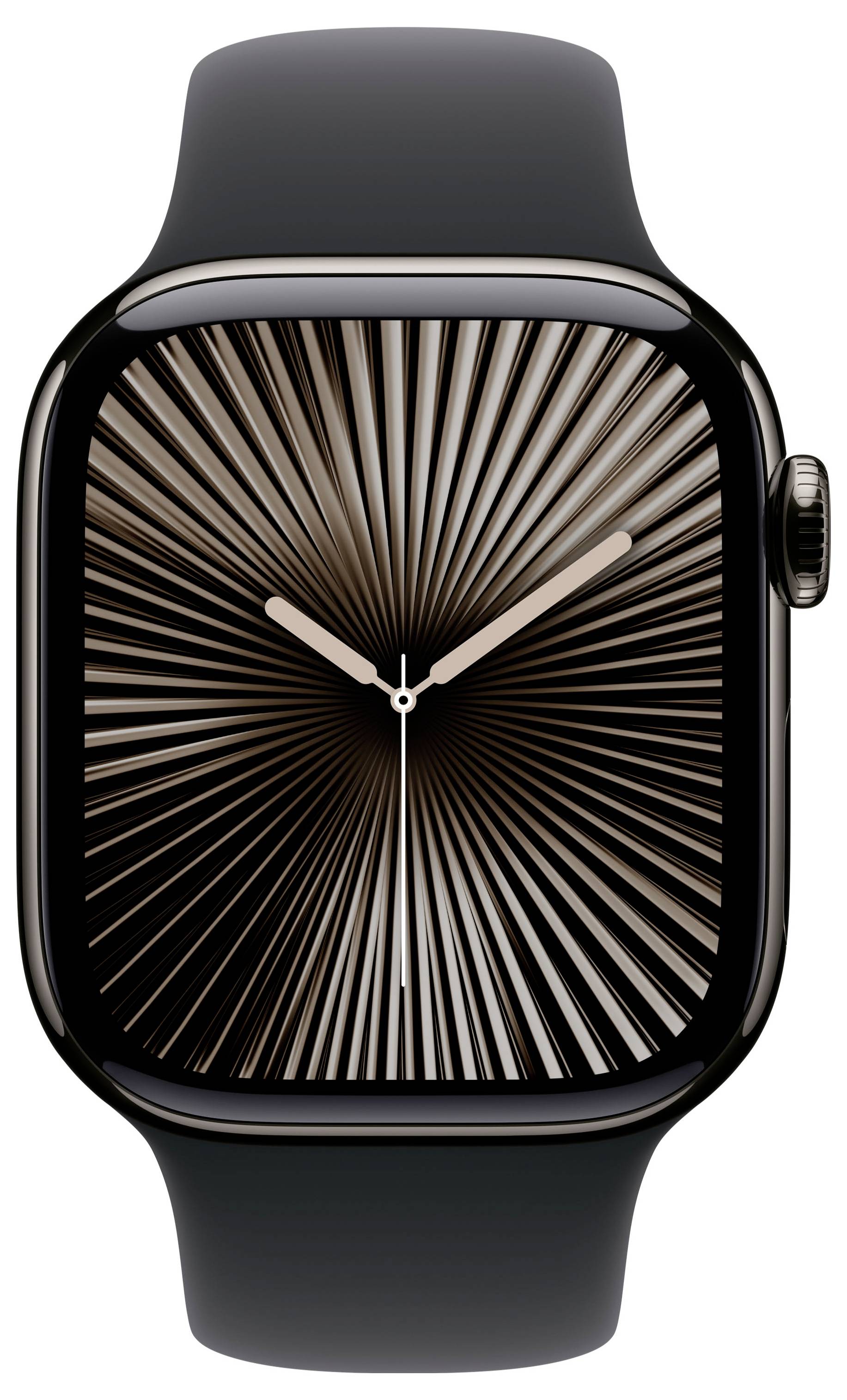 Eine schwarze Smartwatch zeigt ein digitales Zifferblatt mit strahlenförmigem Muster und weißen Zeigern vor einem schwarzen Hintergrund.